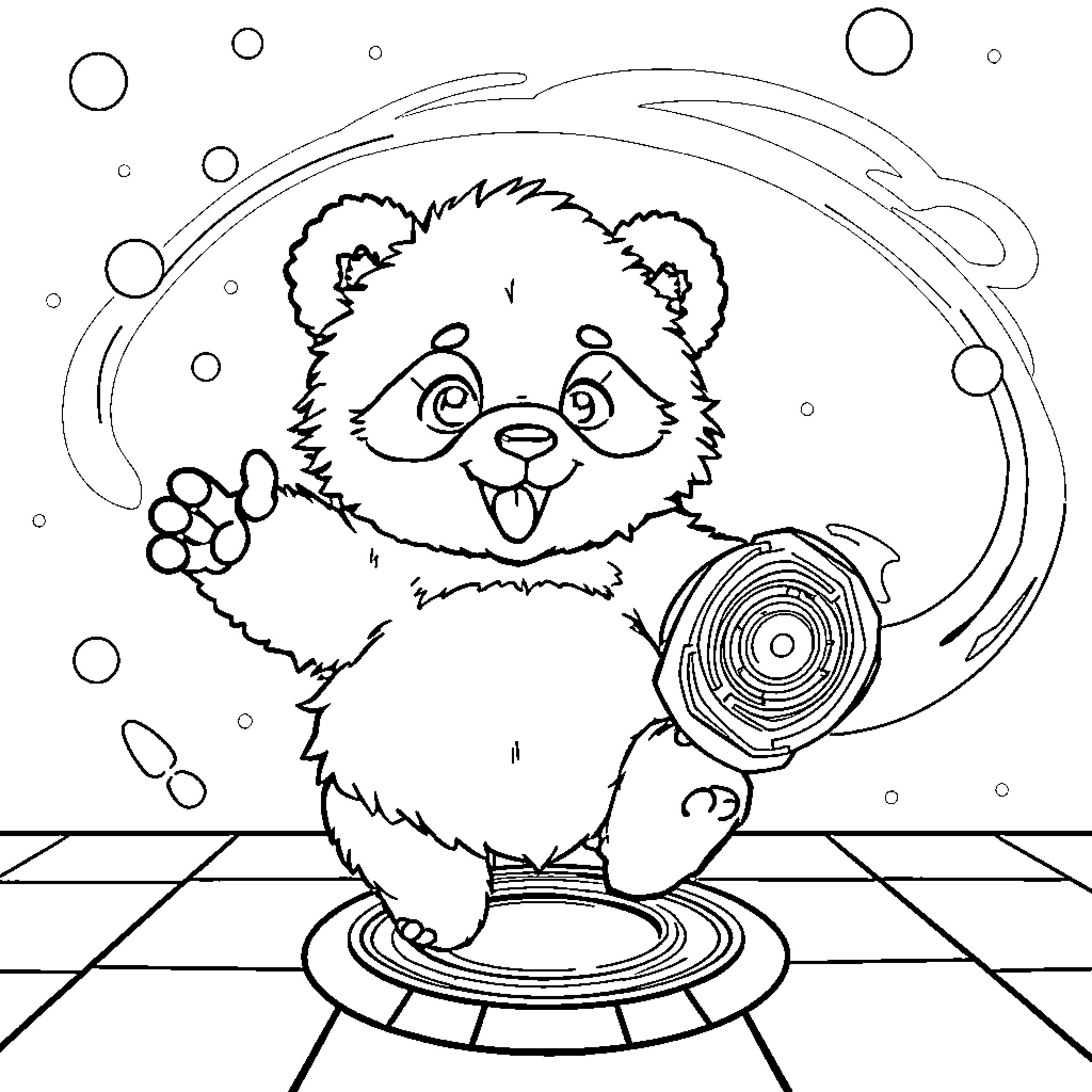 Panda playing with toys in a winter wonderland Coloring Page (free black-and-white line drawing printable PDF for all, from beginners to advanced learners, including children, teens, adults, and seniors)