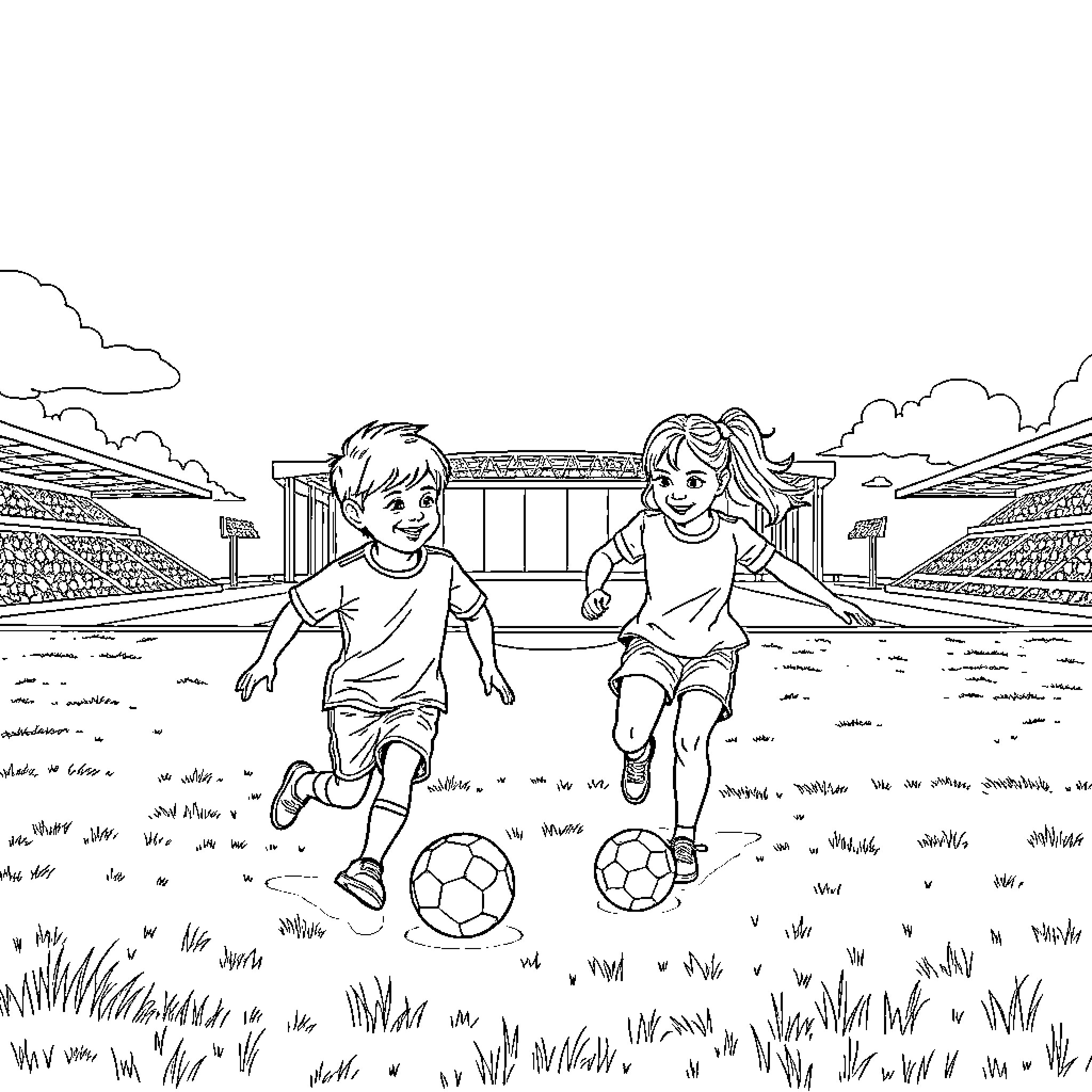 Child playing soccer on sports field Coloring Page (free black-and-white line drawing printable PDF for all, from beginners to advanced learners, including children, teens, adults, and seniors)