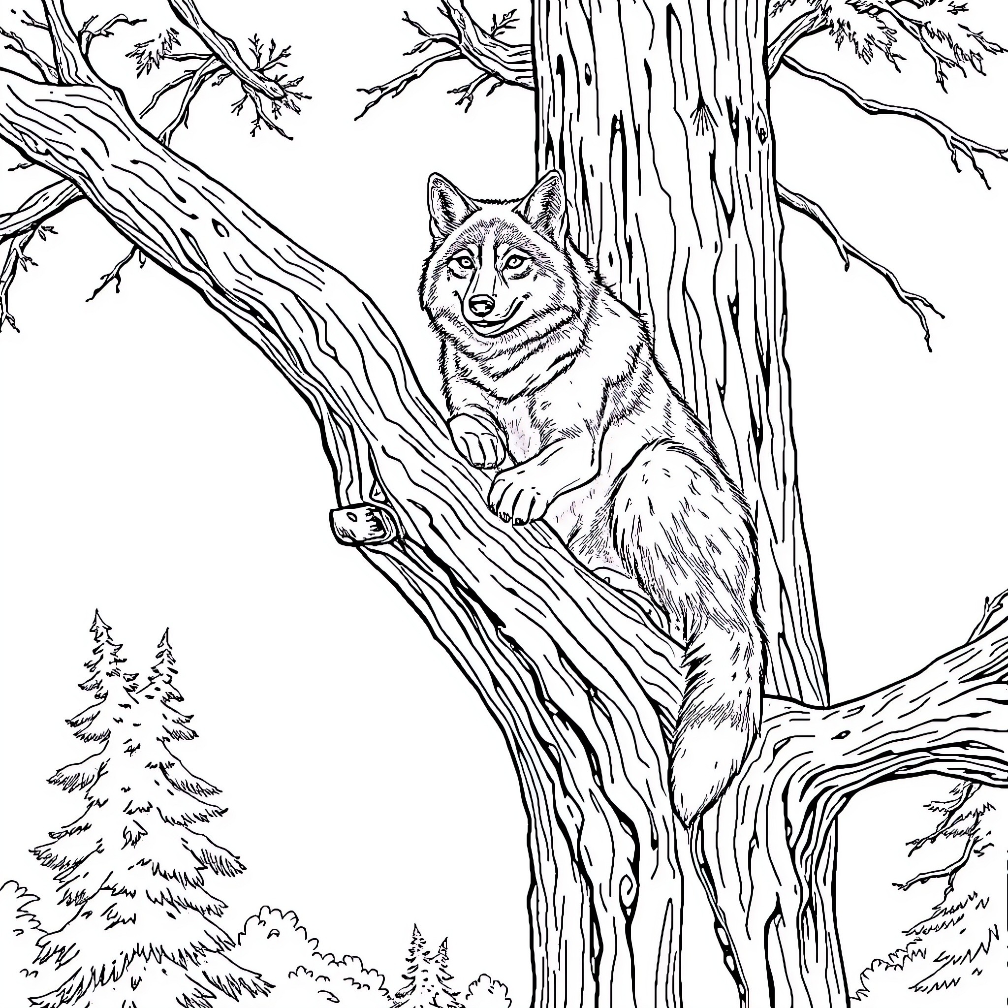 Sniper Wolf observes the forest from a tree branch Coloring Page (free black-and-white line drawing printable PDF for all, from beginners to advanced learners, including children, teens, adults, and seniors)