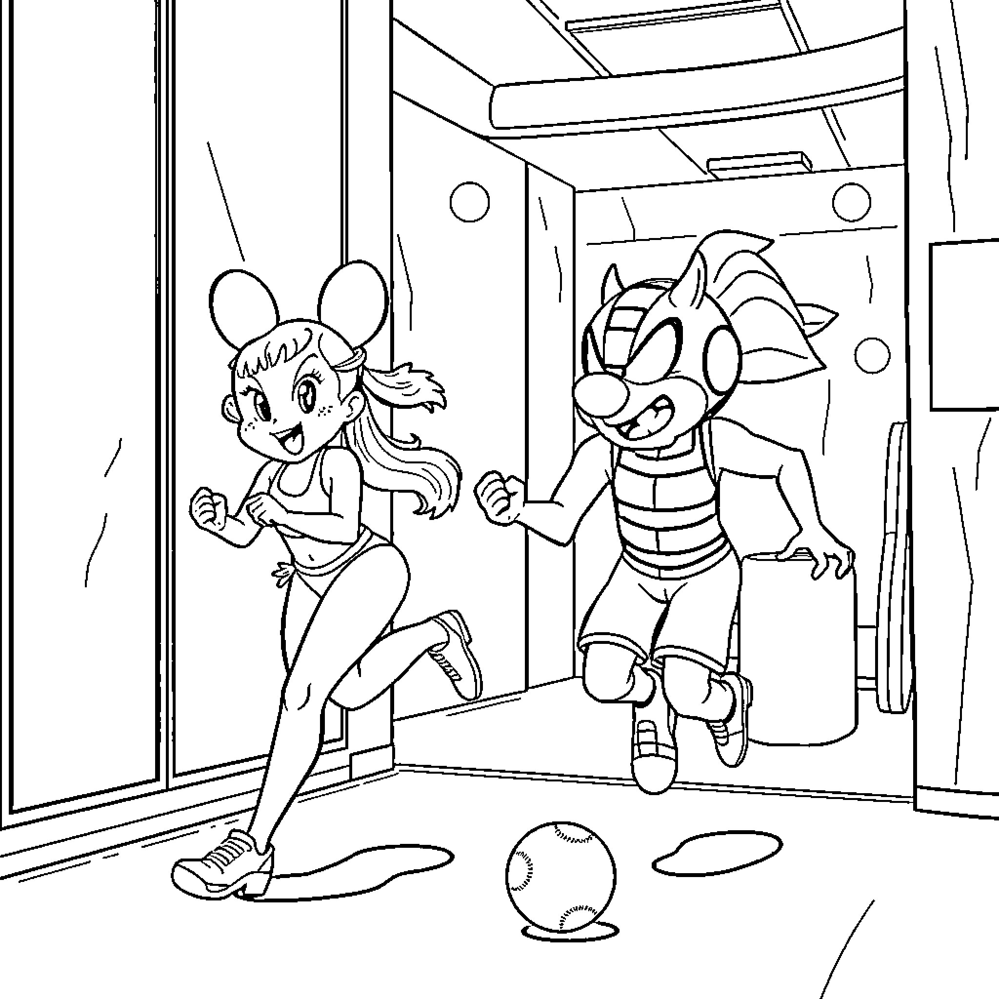 Pinky y Cerebro running excitedly in the lab Coloring Page (free black-and-white line drawing printable PDF for all, from beginners to advanced learners, including children, teens, adults, and seniors)