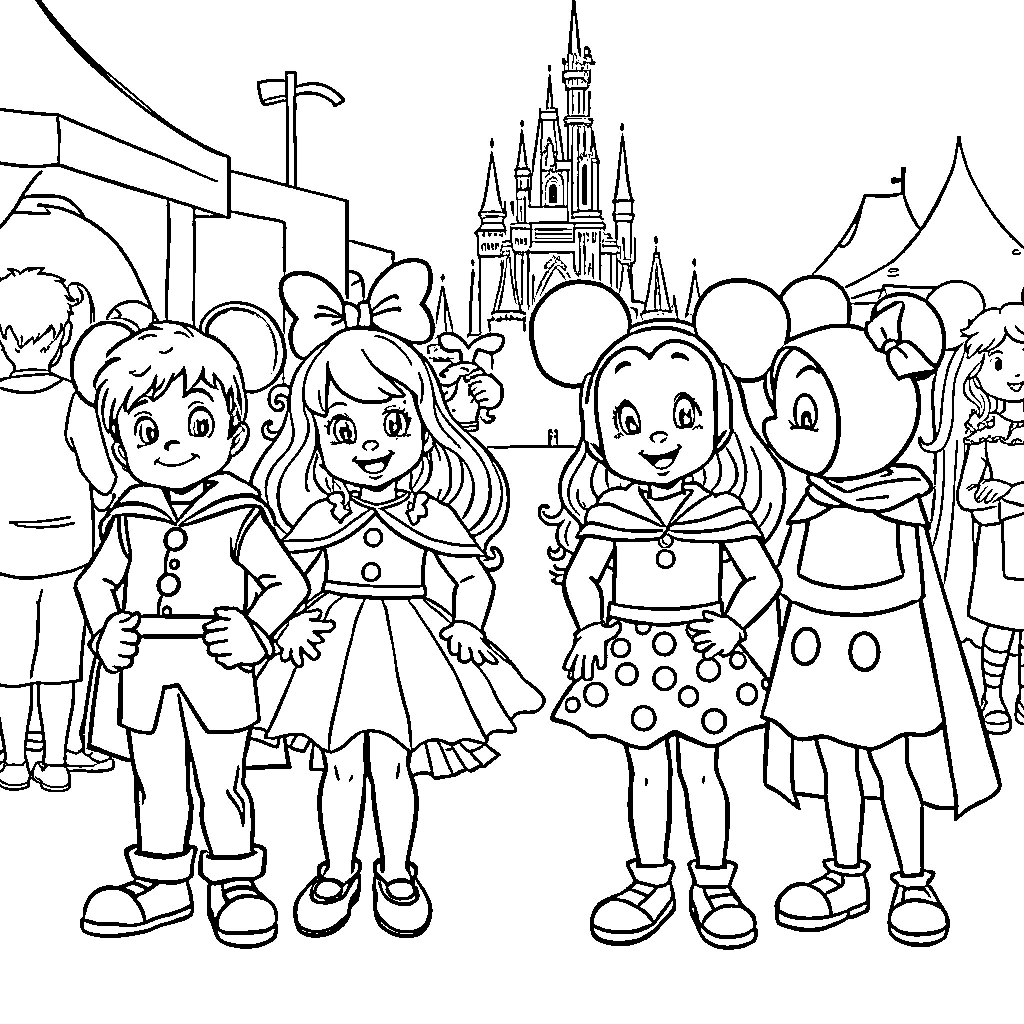 Kids exploring a magical theme park Coloring Page (free black-and-white line drawing printable PDF for all, from beginners to advanced learners, including children, teens, adults, and seniors)
