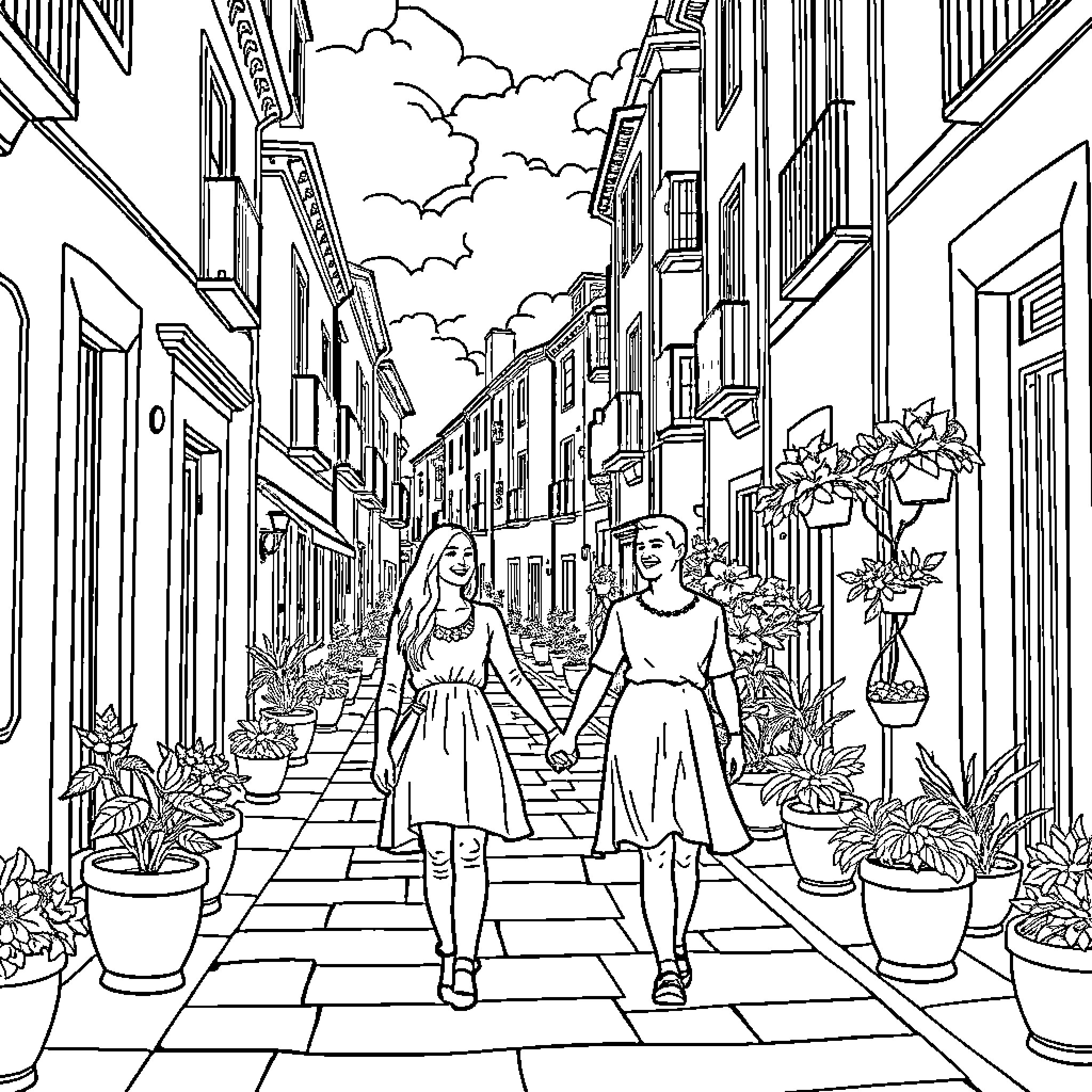 Man and Woman Walking Through a Charming Street Coloring Page (free black-and-white line drawing printable PDF for all, from beginners to advanced learners, including children, teens, adults, and seniors)