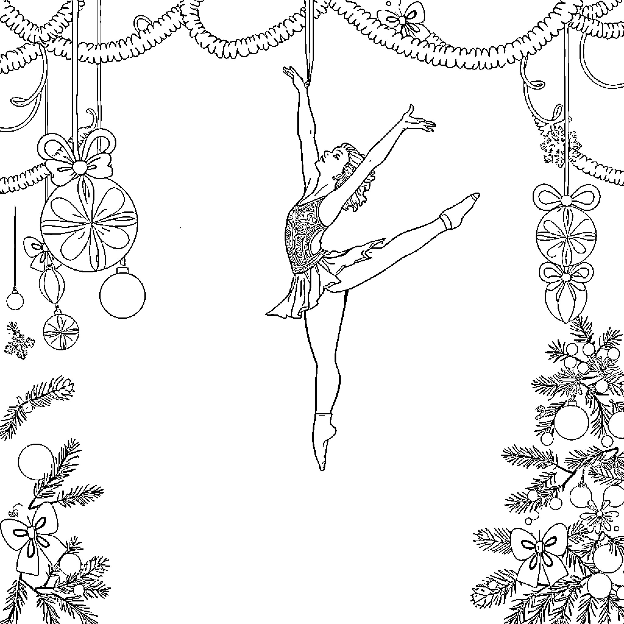 Aerialist performing graceful dance amidst festive decorations Coloring Page (free black-and-white line drawing printable PDF for all, from beginners to advanced learners, including children, teens, adults, and seniors)