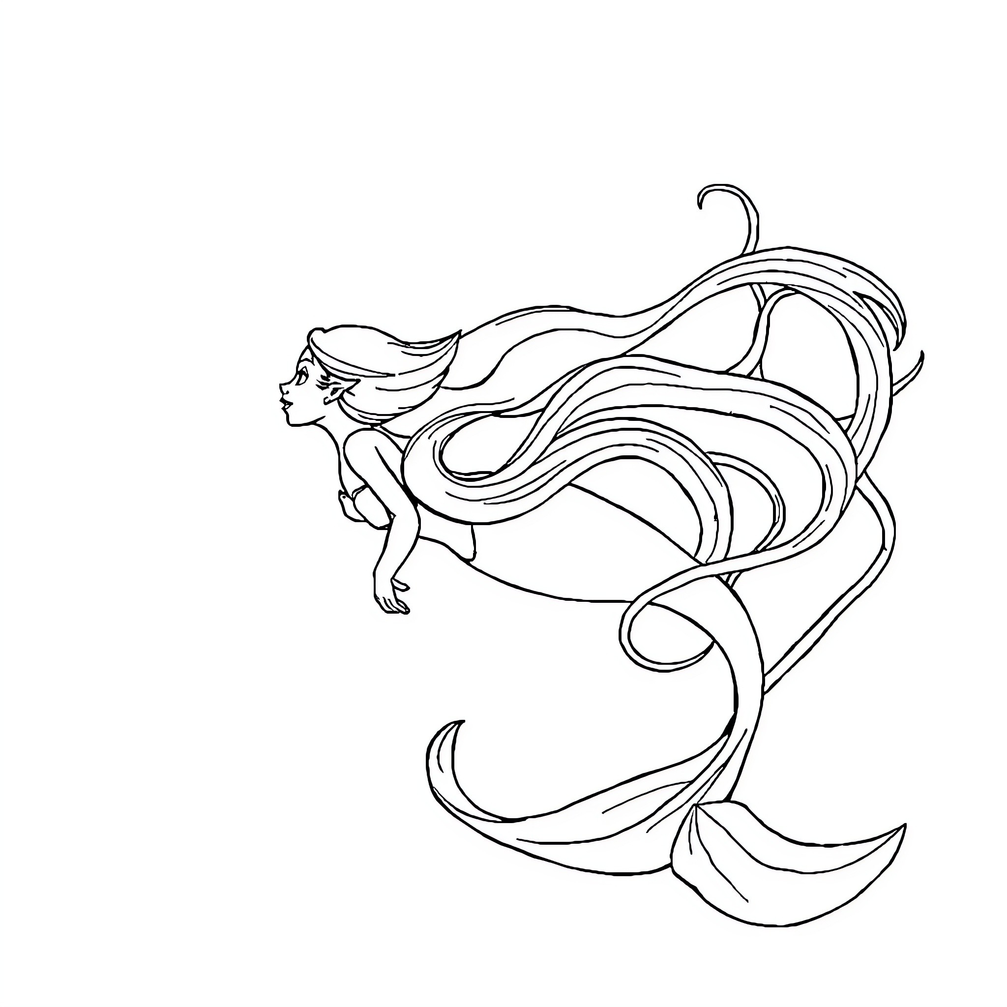 Ariel swimming gracefully with flowing hair Coloring Page (free black-and-white line drawing printable PDF for all, from beginners to advanced learners, including children, teens, adults, and seniors)