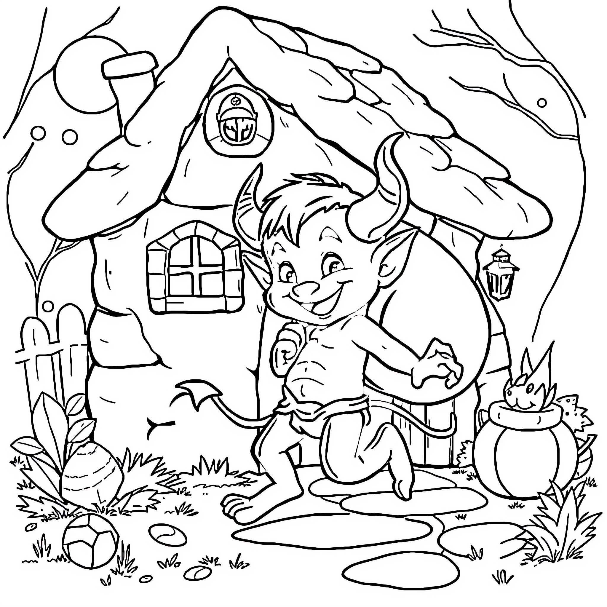 Devil's Mischievous Elf in Enchanted Forest Coloring Page (free black-and-white line drawing printable PDF for all, from beginners to advanced learners, including children, teens, adults, and seniors)