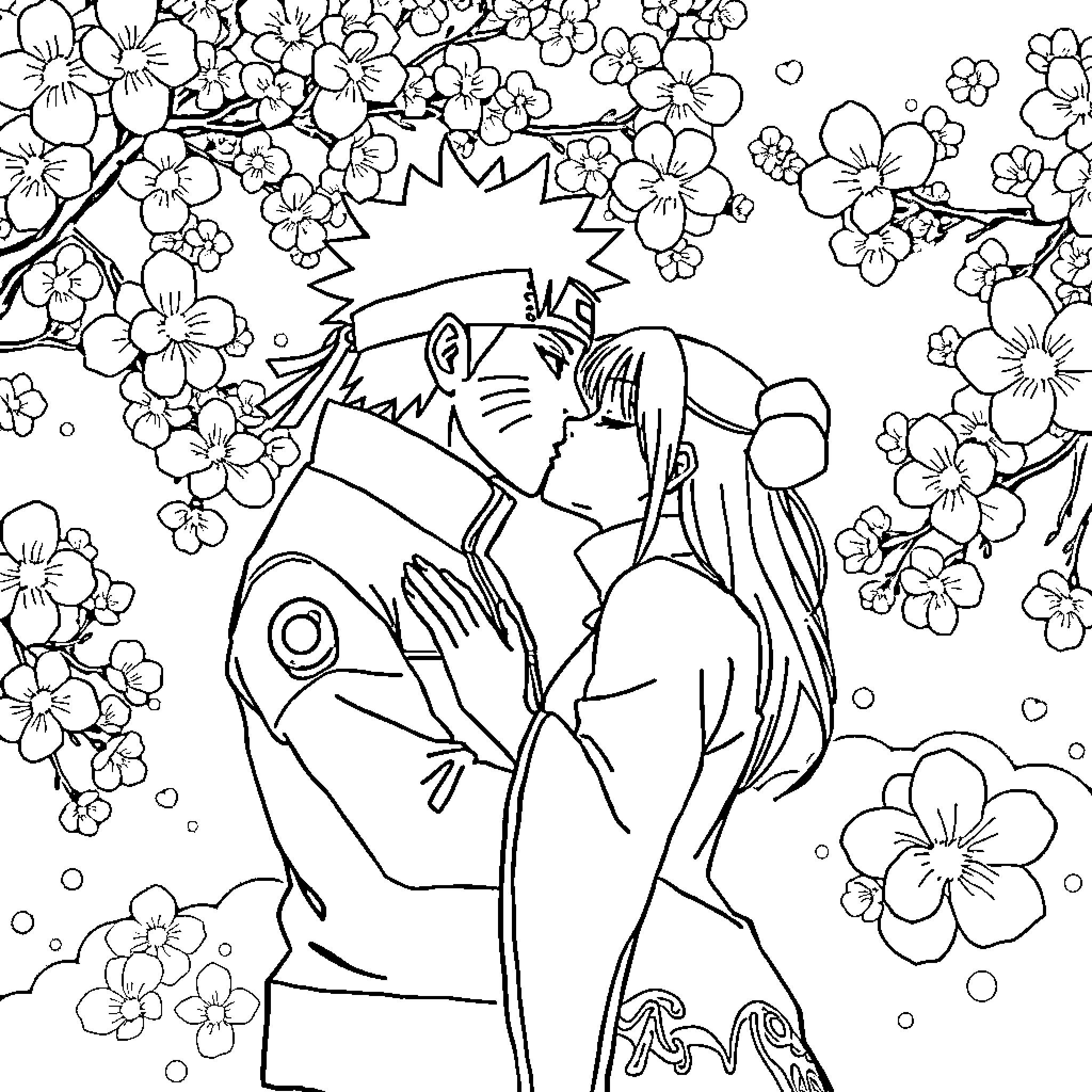 Naruto characters in a floral embrace Coloring Page (free black-and-white line drawing printable PDF for all, from beginners to advanced learners, including children, teens, adults, and seniors)