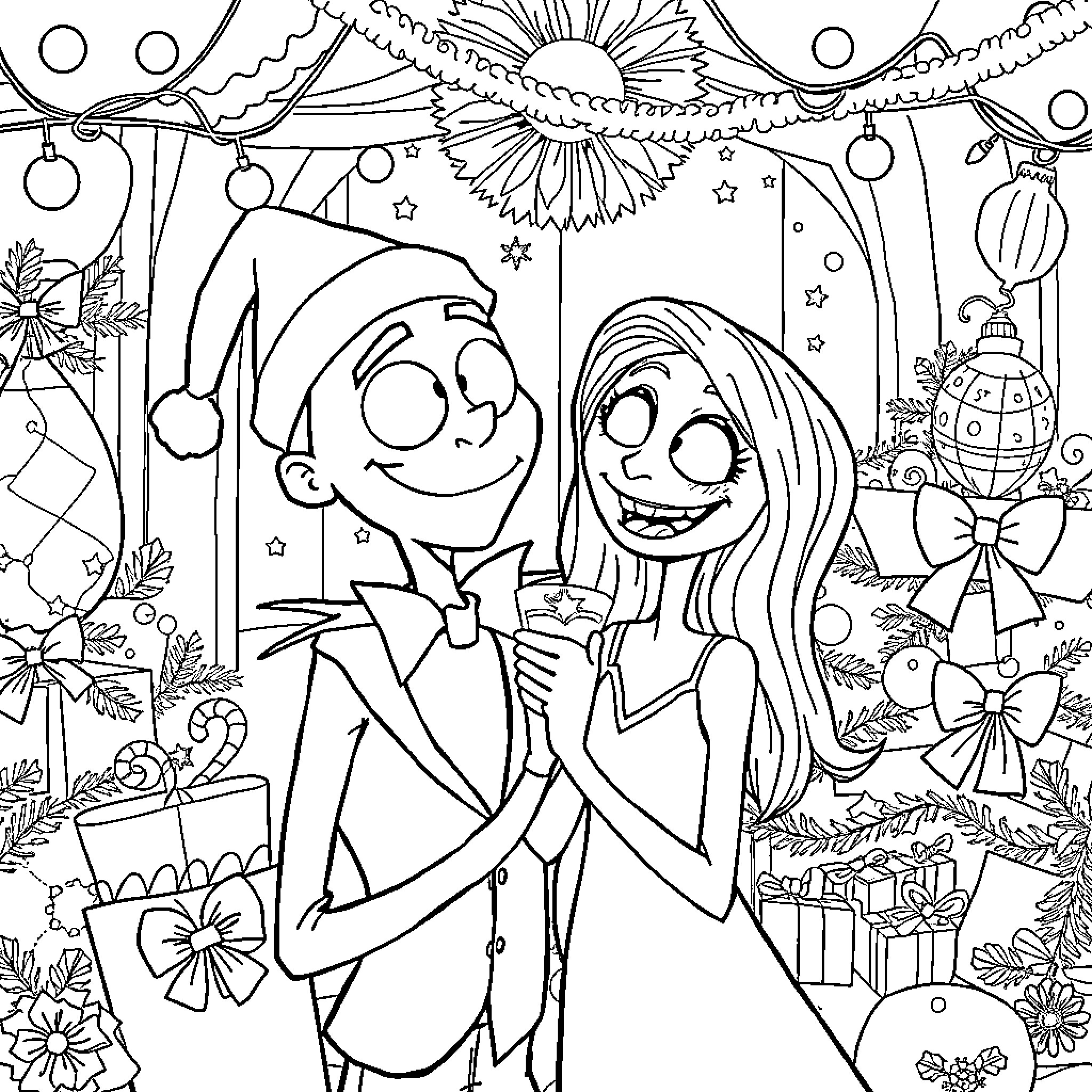 Jack and Sally celebrate the holidays together Coloring Page (free black-and-white line drawing printable PDF for all, from beginners to advanced learners, including children, teens, adults, and seniors)