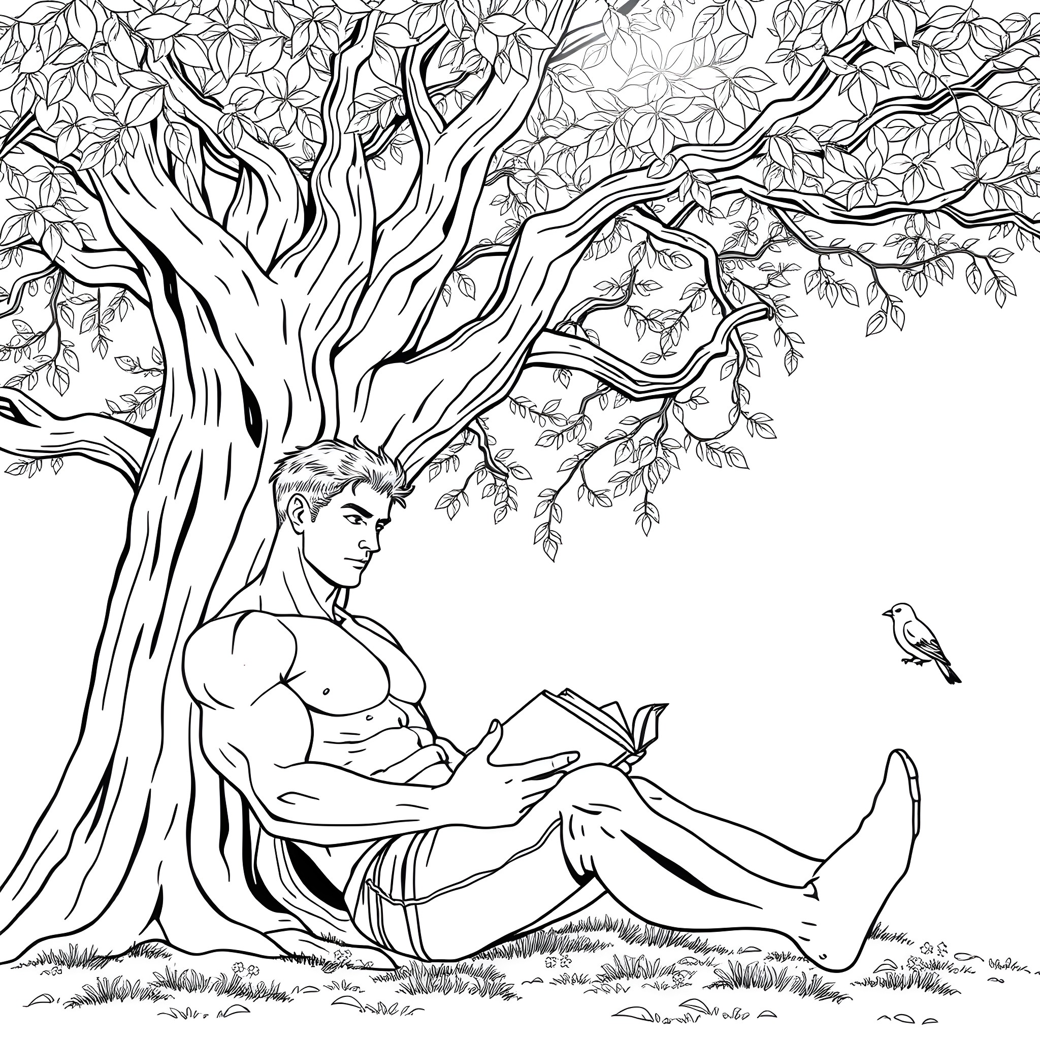 Man reading a book under the tree Coloring Page (free black-and-white line drawing printable PDF for all, from beginners to advanced learners, including children, teens, adults, and seniors)