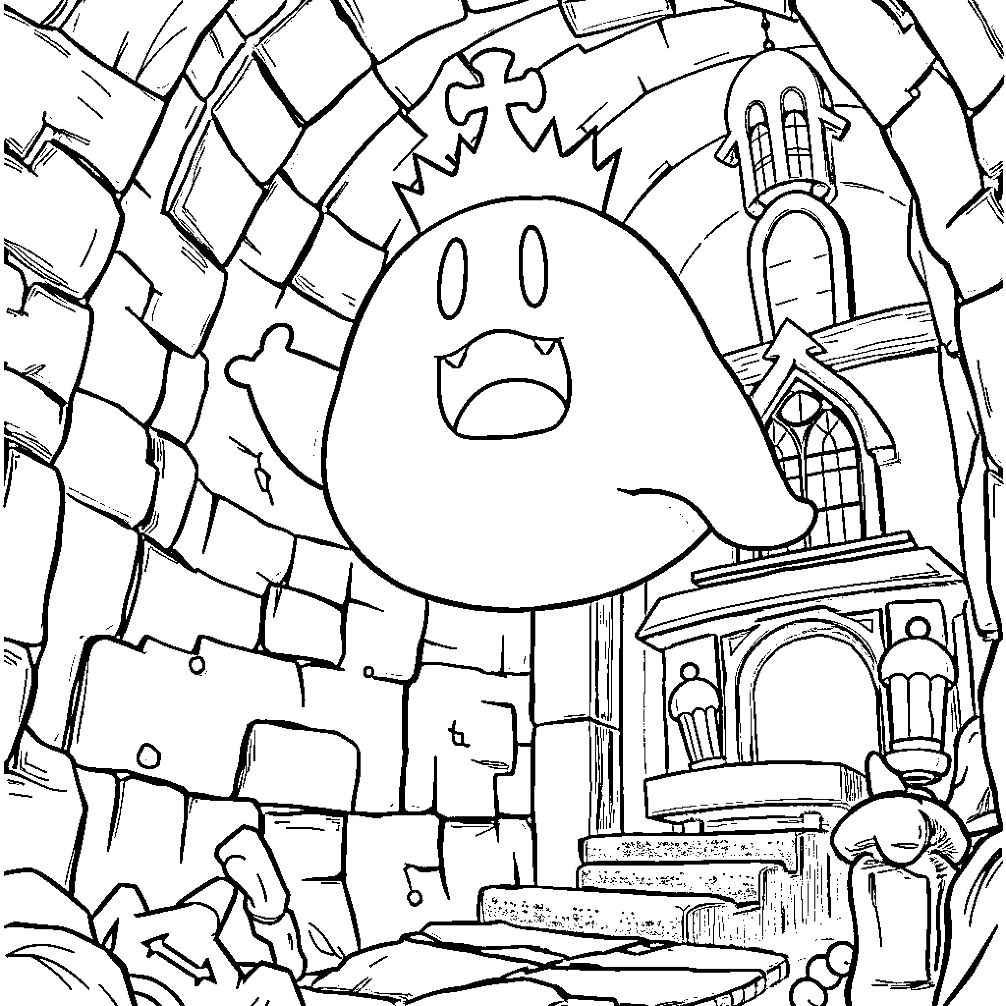 King Boo haunts the spooky haunted castle Coloring Page (free black-and-white line drawing printable PDF for all, from beginners to advanced learners, including children, teens, adults, and seniors)