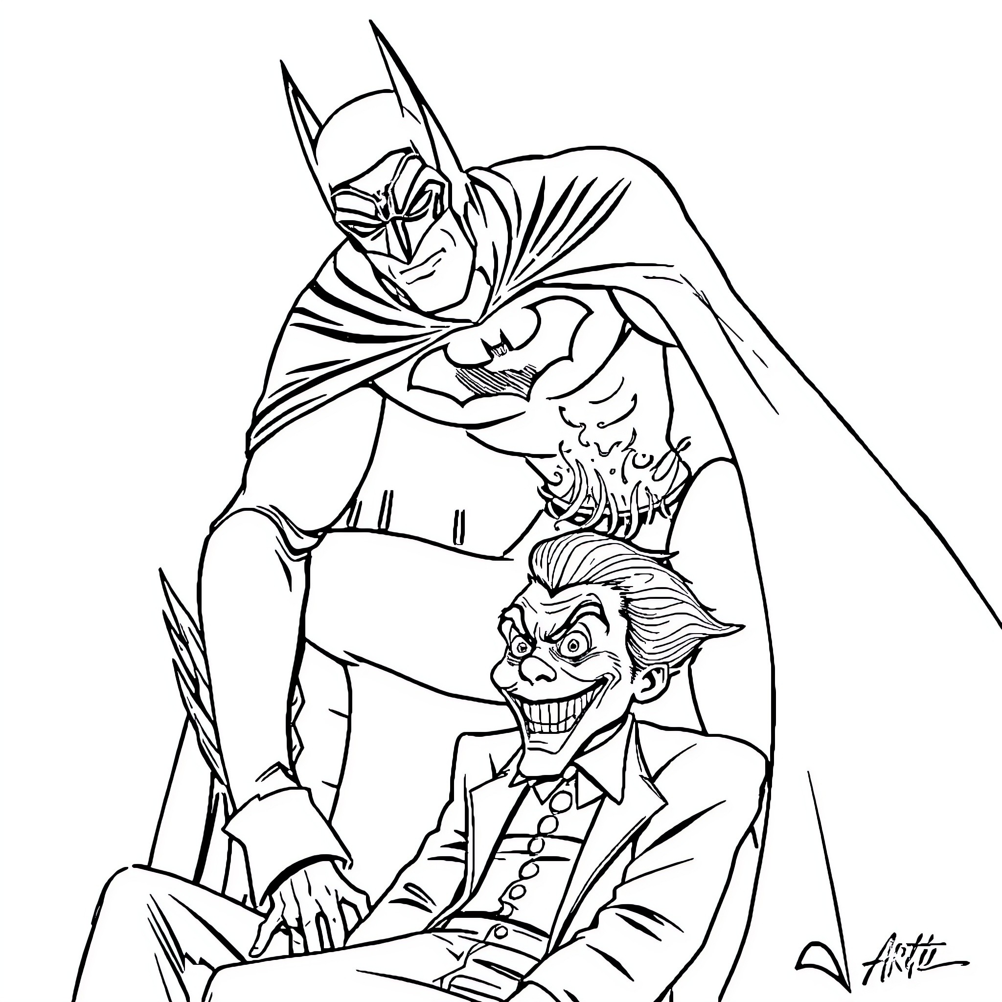 Batman Confronting the Joker in Dramatic Pose Coloring Page (free black-and-white line drawing printable PDF for all, from beginners to advanced learners, including children, teens, adults, and seniors)