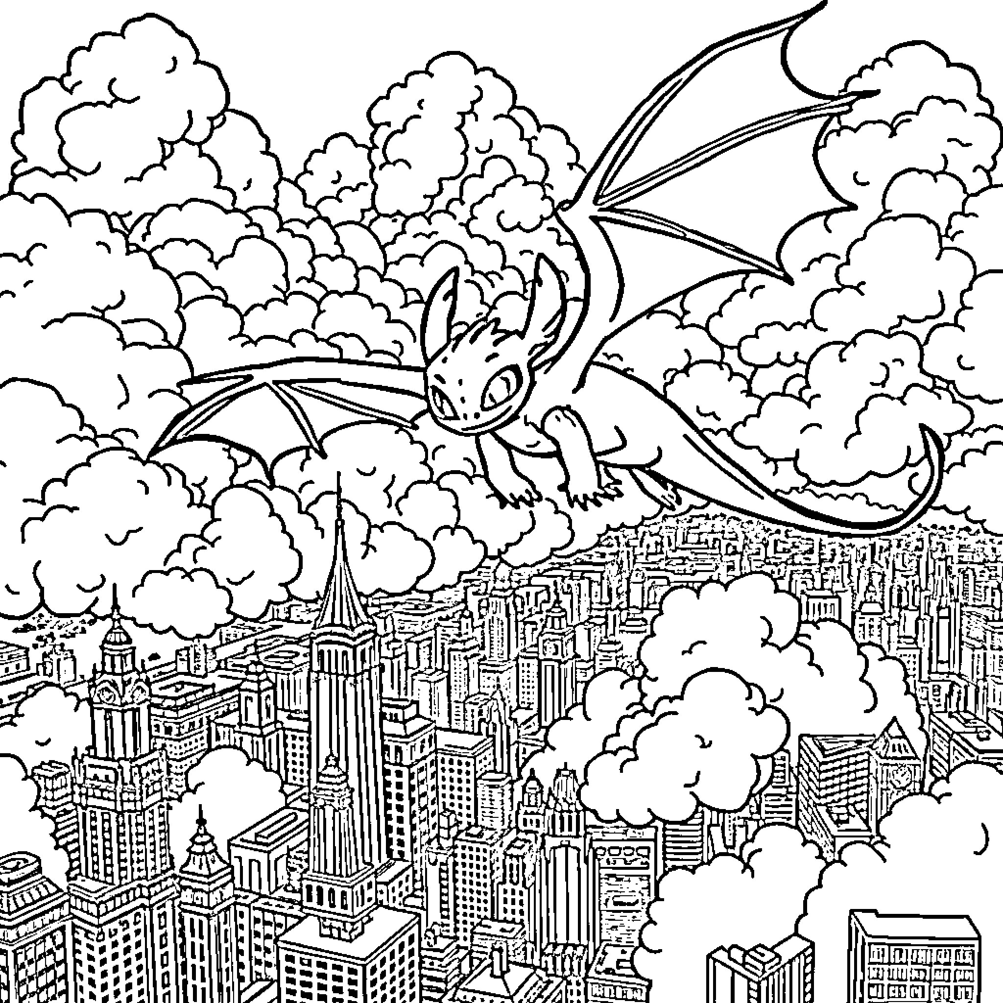 Toothless flying over the city skyline Coloring Page (free black-and-white line drawing printable PDF for all, from beginners to advanced learners, including children, teens, adults, and seniors)