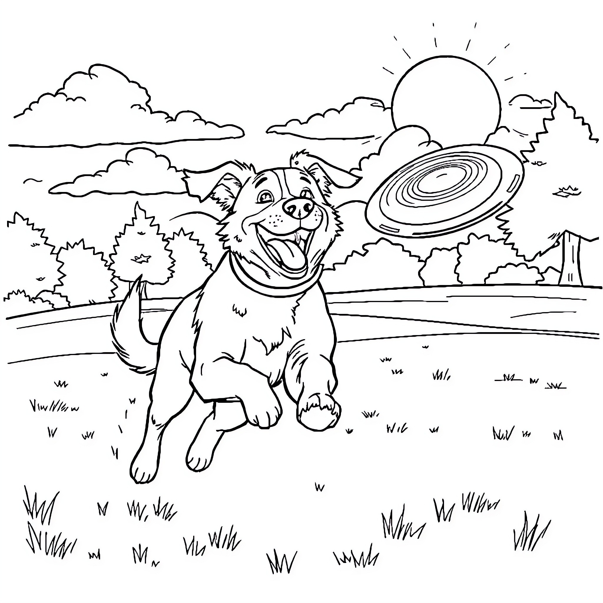 Dog playing with frisbee in a sunny landscape Coloring Page (free black-and-white line drawing printable PDF for all, from beginners to advanced learners, including children, teens, adults, and seniors)