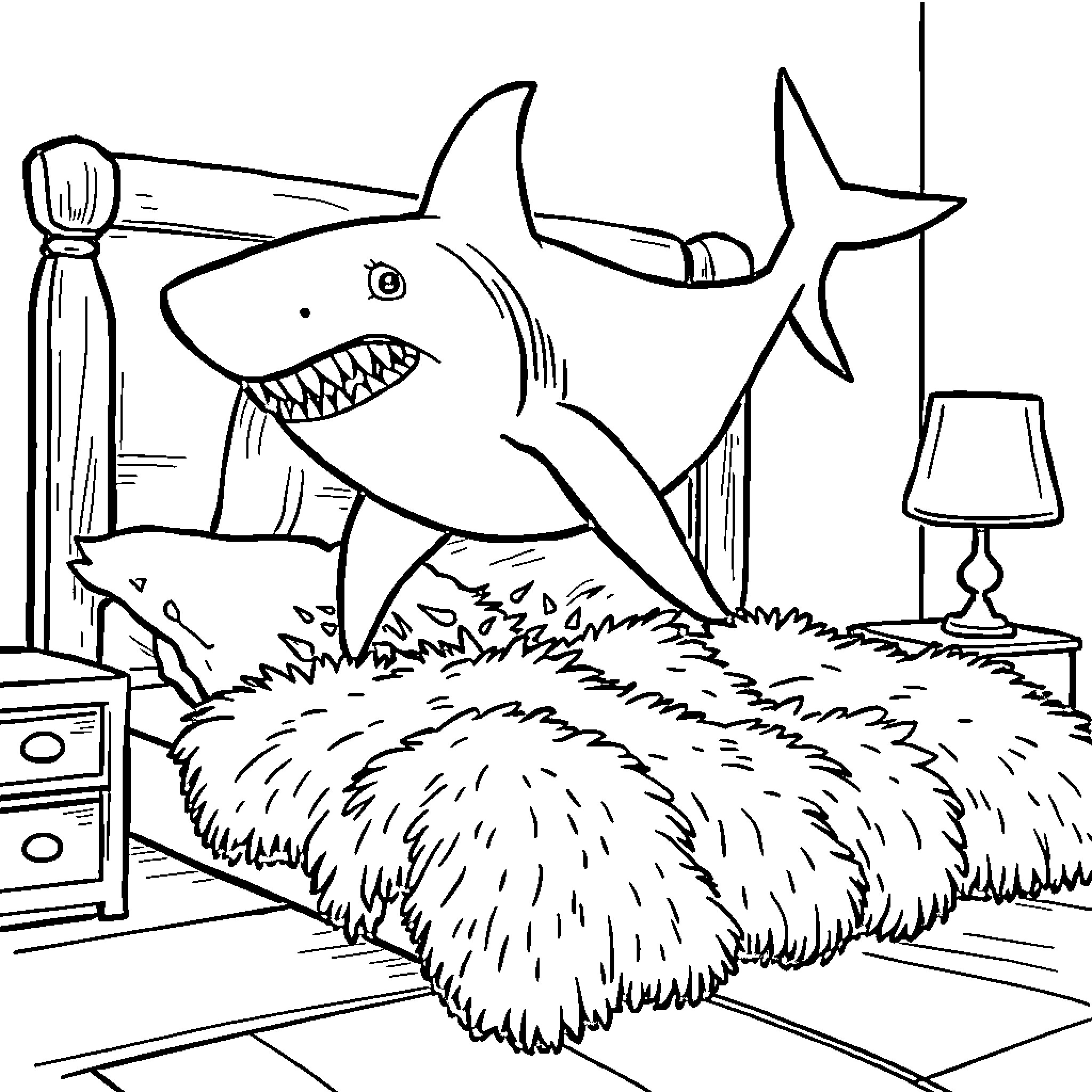 Shark lounging in a cozy bedroom Coloring Page (free black-and-white line drawing printable PDF for all, from beginners to advanced learners, including children, teens, adults, and seniors)