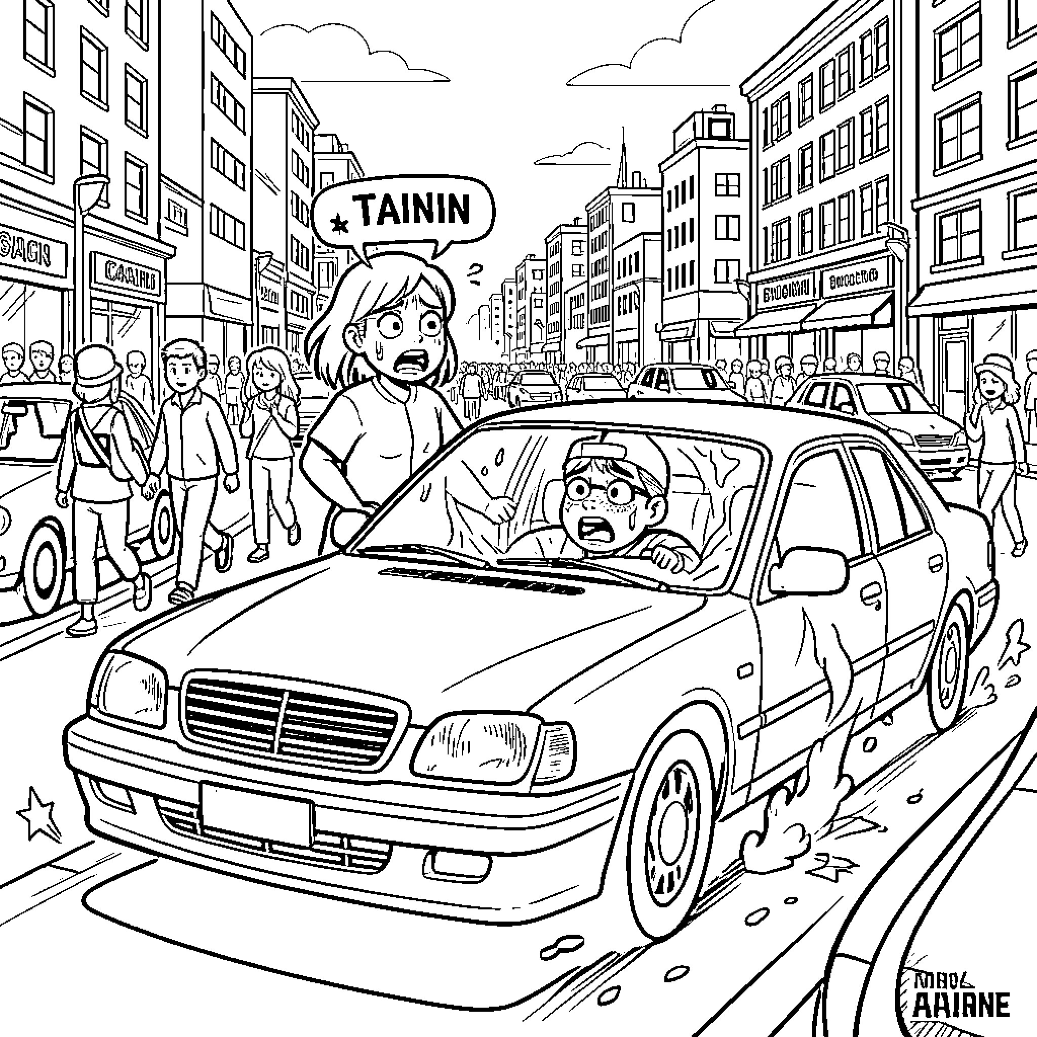 Car involved in a traffic incident on a city street Coloring Page (free black-and-white line drawing printable PDF for all, from beginners to advanced learners, including children, teens, adults, and seniors)