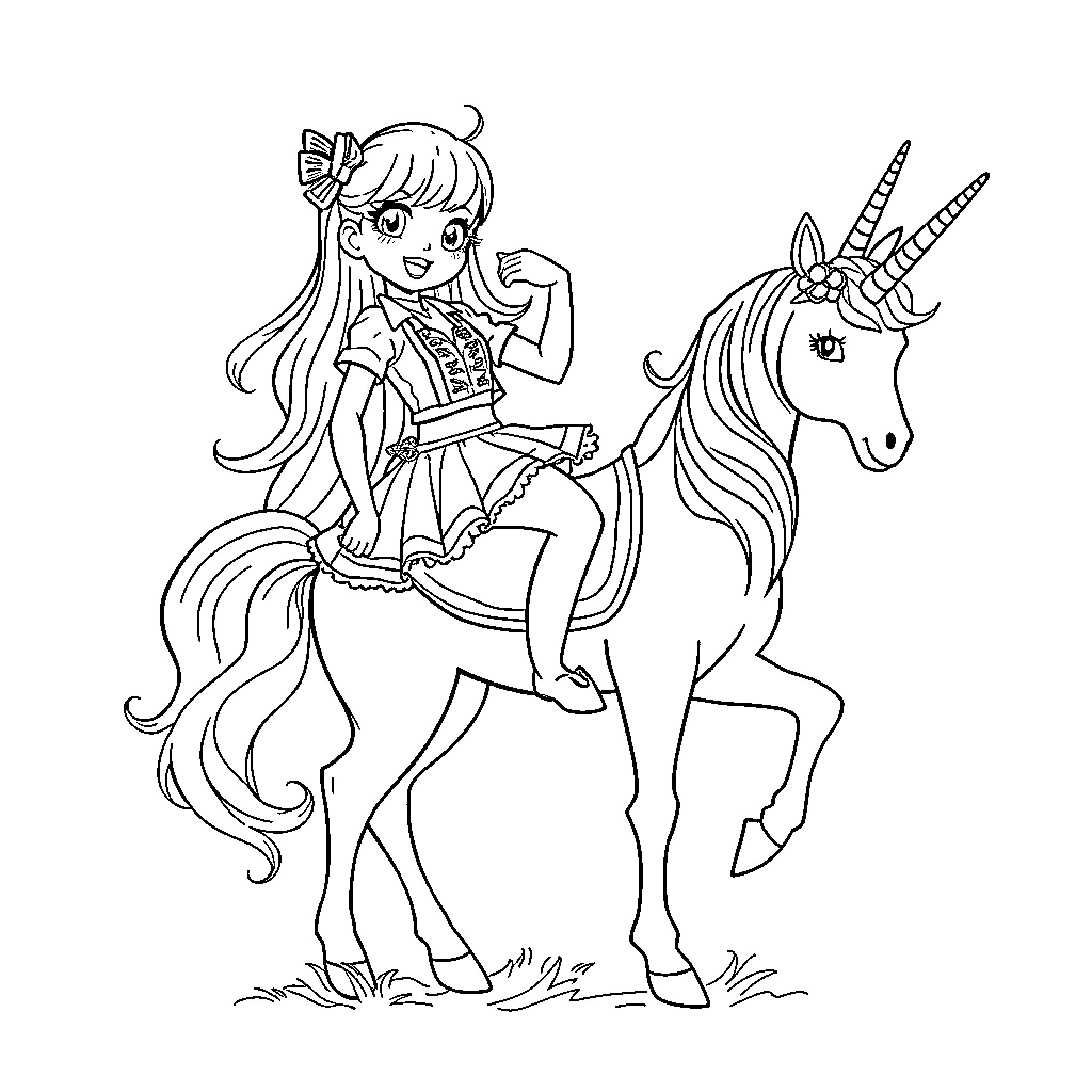 Zoë riding a magical unicorn happily Coloring Page (free black-and-white line drawing printable PDF for all, from beginners to advanced learners, including children, teens, adults, and seniors)