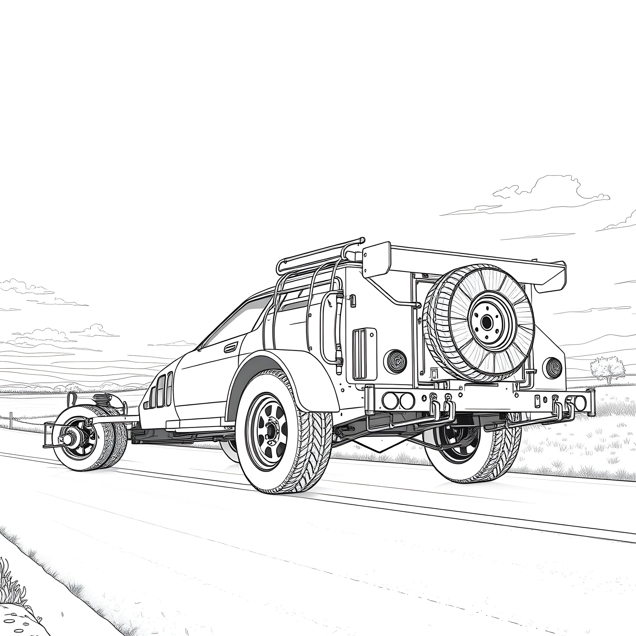 Car Trailer Carrying Oversized Vehicle on Road Coloring Page (free black-and-white line drawing printable PDF for all, from beginners to advanced learners, including children, teens, adults, and seniors)