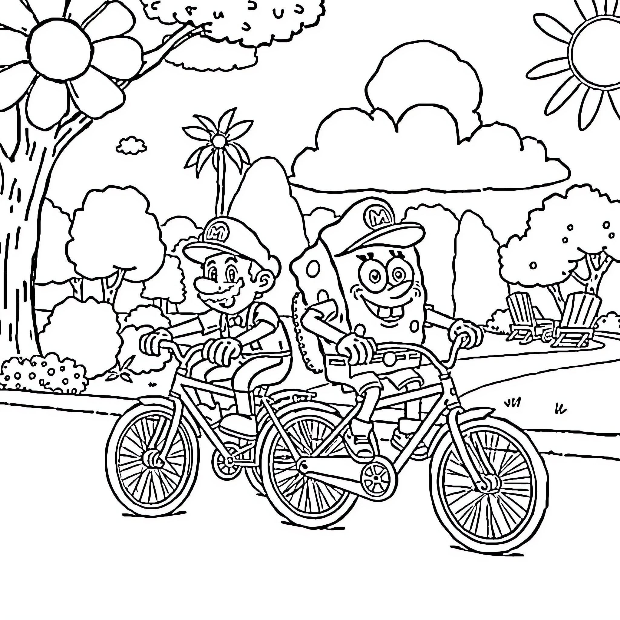 Spongebob and Patrick go on a bicycle adventure Coloring Page (free black-and-white line drawing printable PDF for all, from beginners to advanced learners, including children, teens, adults, and seniors)