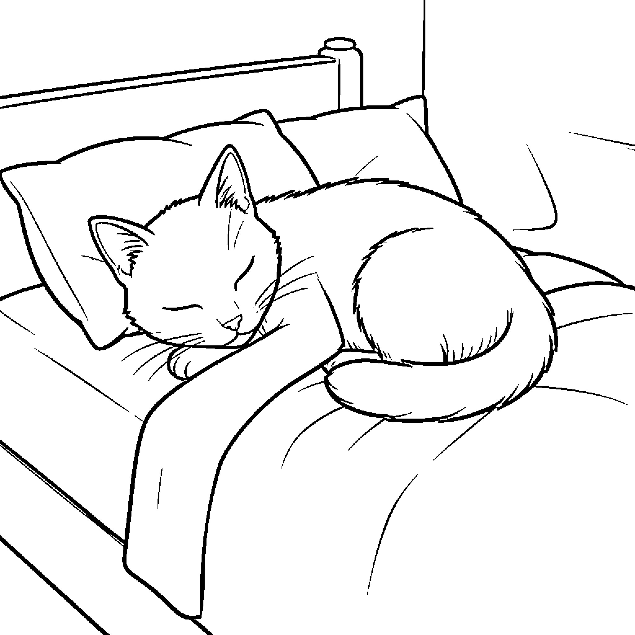 Cat sleeping peacefully on the bed Coloring Page (free black-and-white line drawing printable PDF for all, from beginners to advanced learners, including children, teens, adults, and seniors)