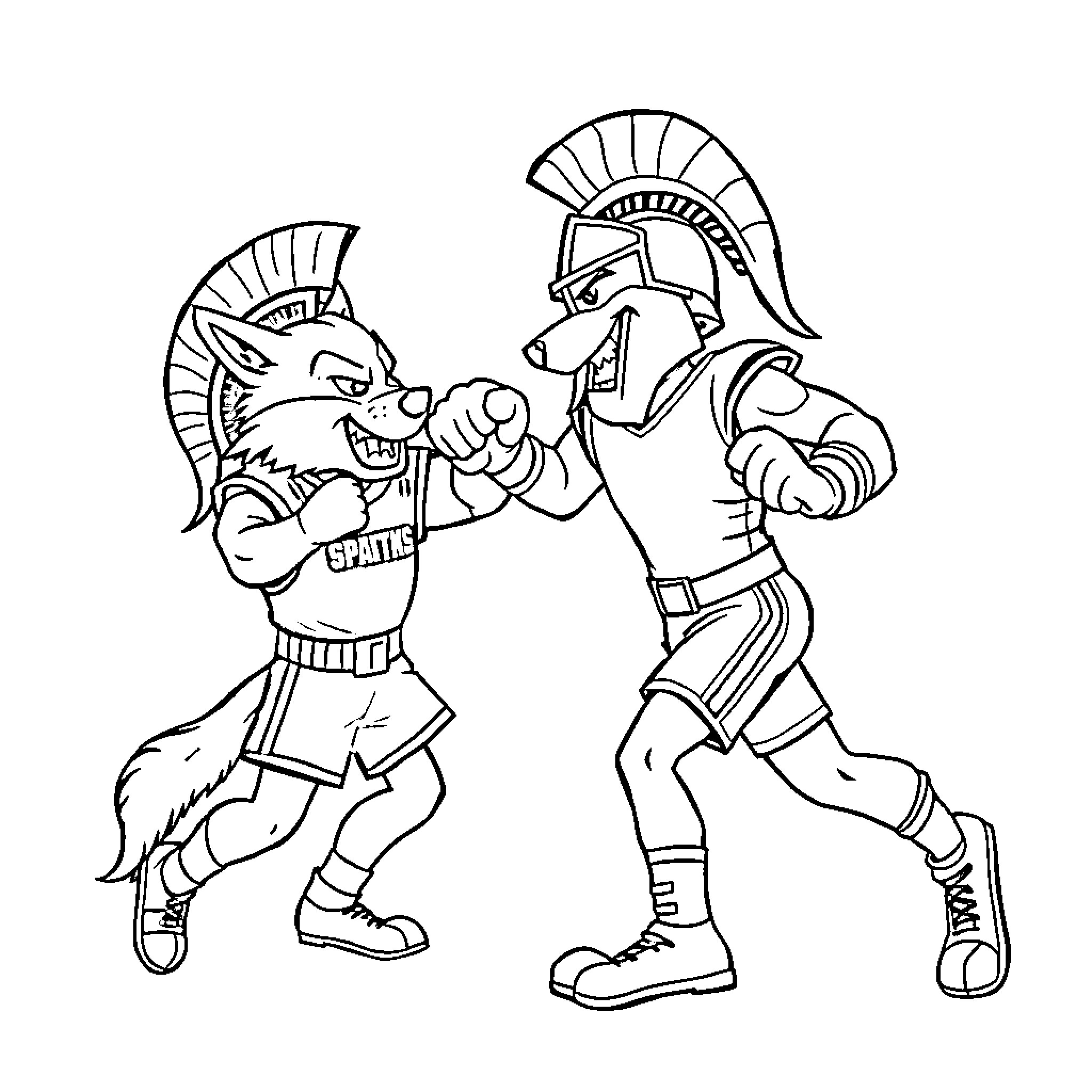 Spartan Warriors Engaged in Hand-to-Hand Combat Coloring Page (free black-and-white line drawing printable PDF for all, from beginners to advanced learners, including children, teens, adults, and seniors)
