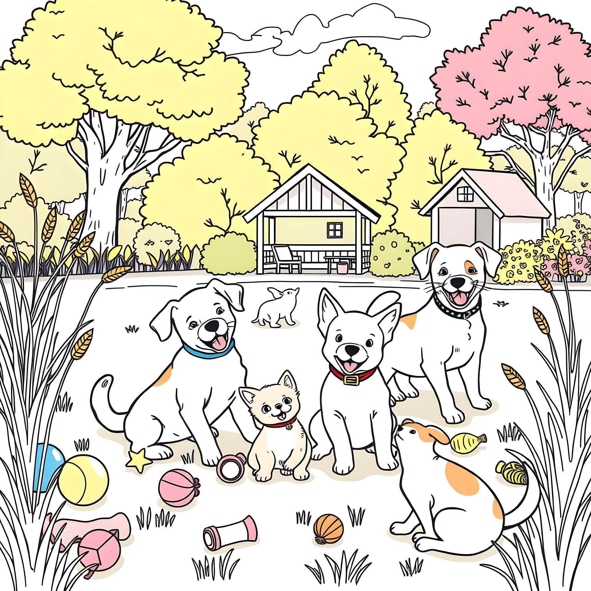 Rescue Animals Playing Together in a Scenic Backyard Coloring Page (free black-and-white line drawing printable PDF for all, from beginners to advanced learners, including children, teens, adults, and seniors)