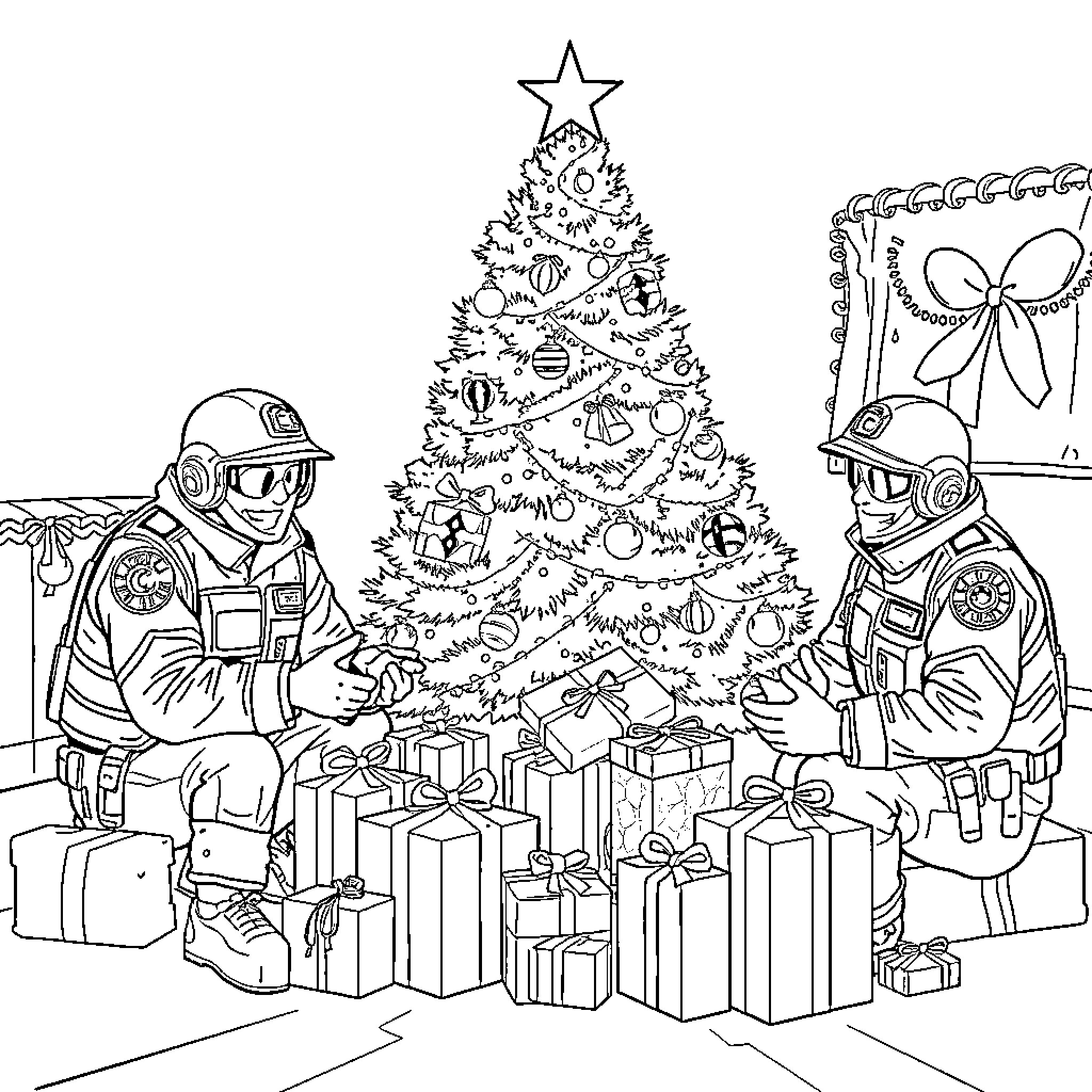 Ice Agents Decorate Christmas Tree with Gifts Coloring Page (free black-and-white line drawing printable PDF for all, from beginners to advanced learners, including children, teens, adults, and seniors)