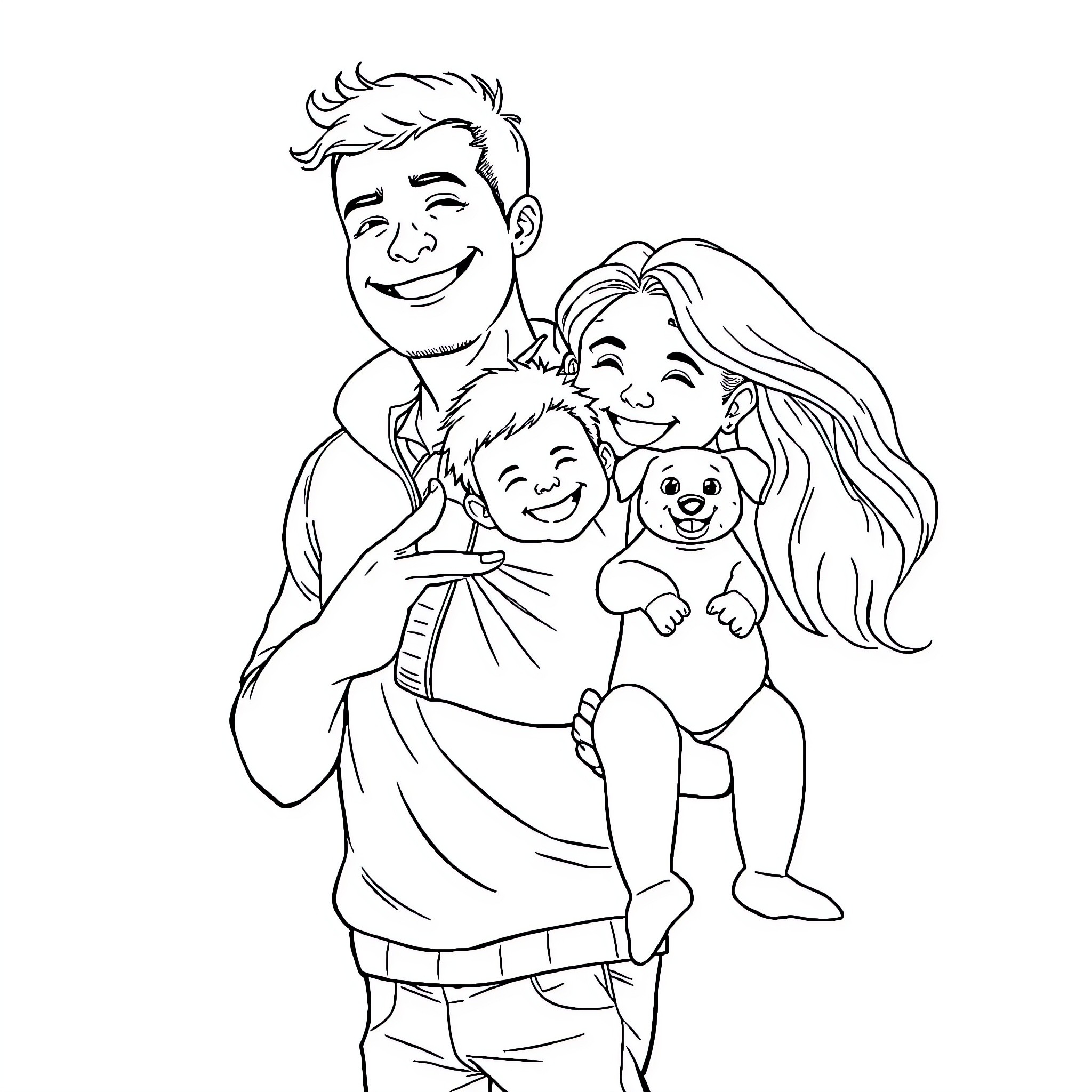 Man embraces happy family and pet Coloring Page (free black-and-white line drawing printable PDF for all, from beginners to advanced learners, including children, teens, adults, and seniors)