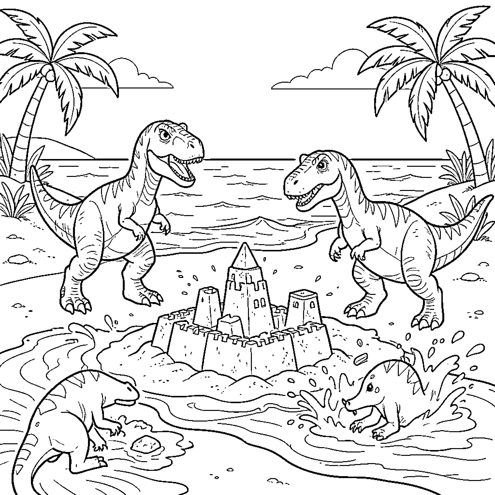Dinosaur friends building a sandcastle on the beach Coloring Page (free black-and-white line drawing printable PDF for all, from beginners to advanced learners, including children, teens, adults, and seniors)
