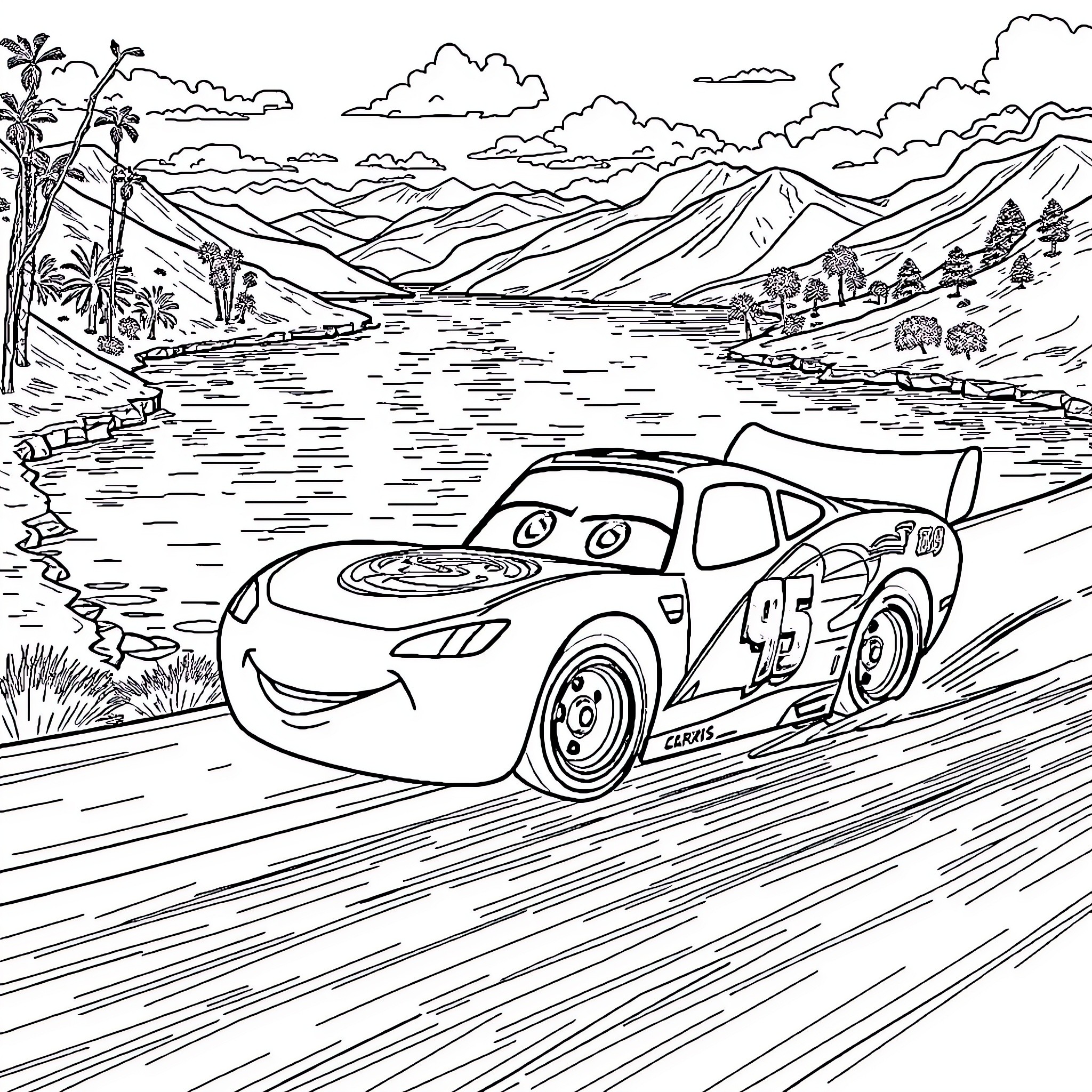 Lightning McQueen racing through a scenic landscape Coloring Page (free black-and-white line drawing printable PDF for all, from beginners to advanced learners, including children, teens, adults, and seniors)