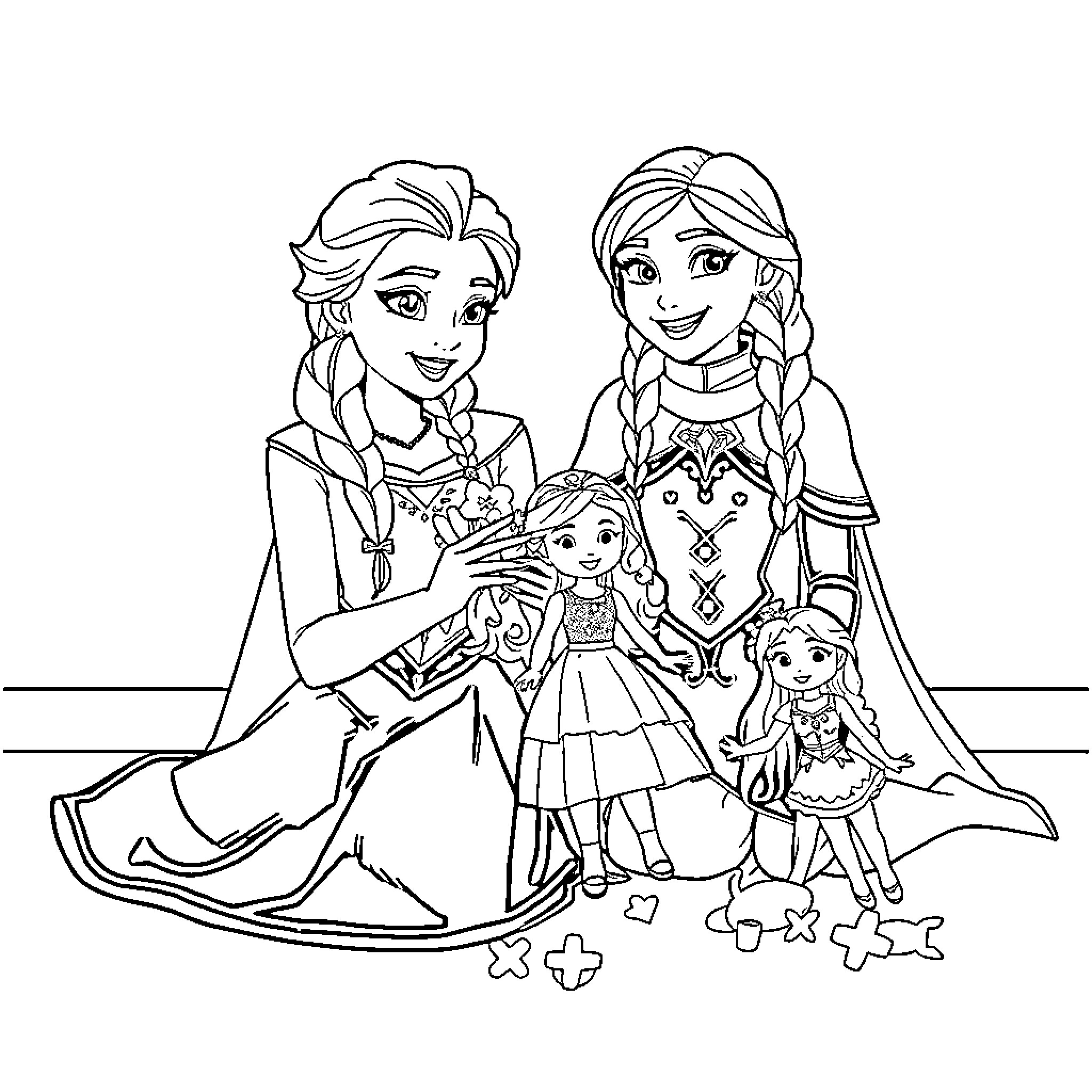 Elsa and Anna's Family Gathering Coloring Page (free black-and-white line drawing printable PDF for all, from beginners to advanced learners, including children, teens, adults, and seniors)