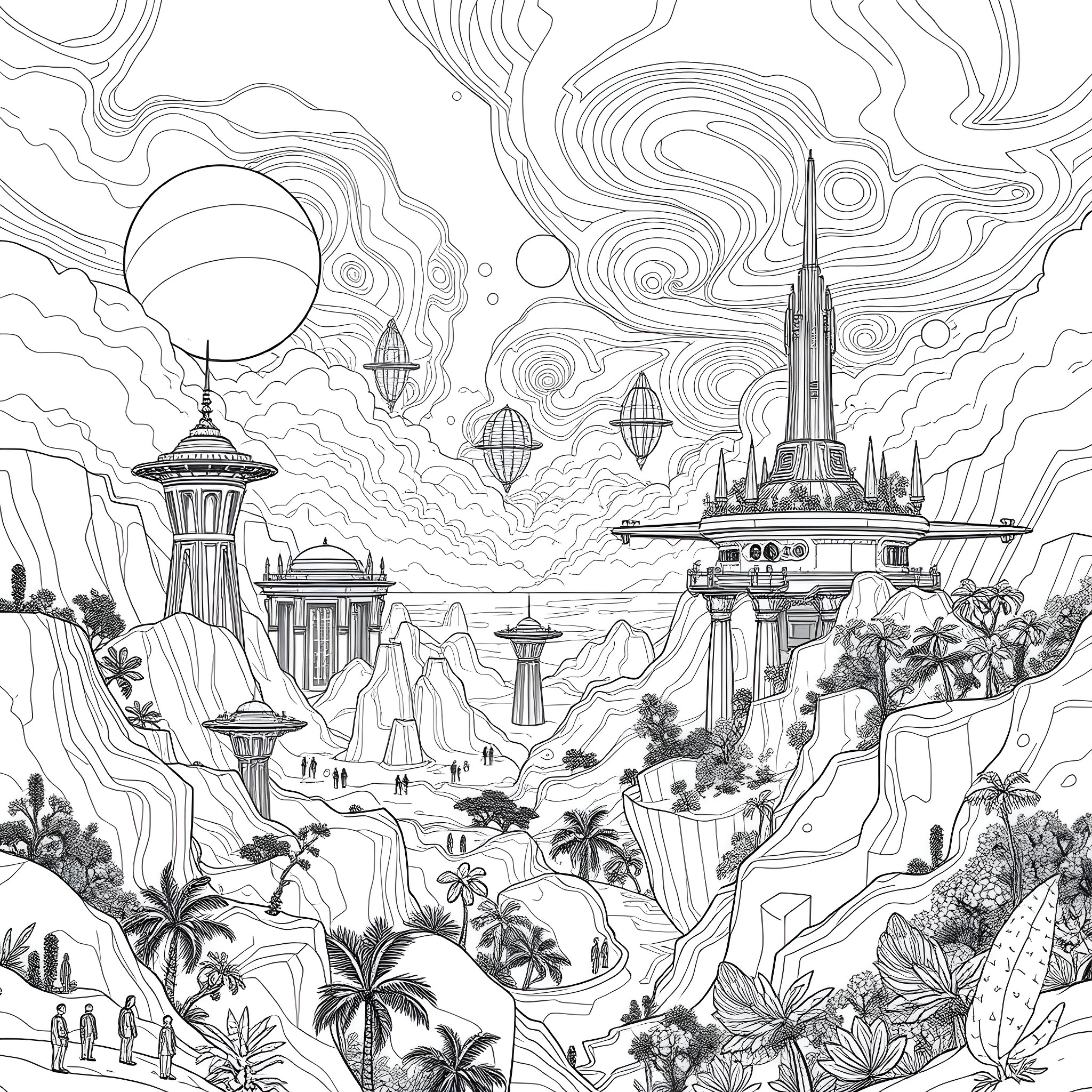 World of Fantastical Landscapes and Structures Coloring Page (free black-and-white line drawing printable PDF for all, from beginners to advanced learners, including children, teens, adults, and seniors)