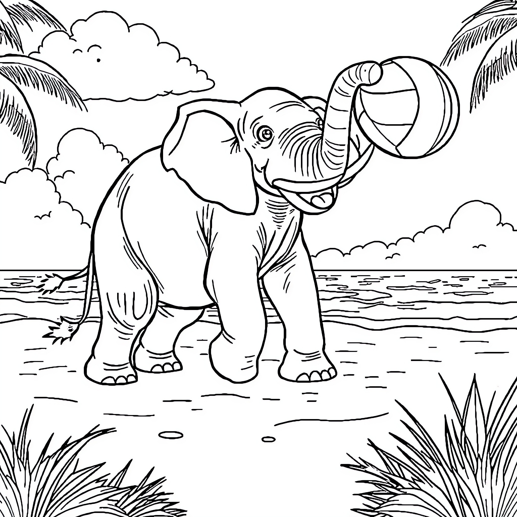 Elephant playing with beach ball in tropical landscape Coloring Page (free black-and-white line drawing printable PDF for all, from beginners to advanced learners, including children, teens, adults, and seniors)