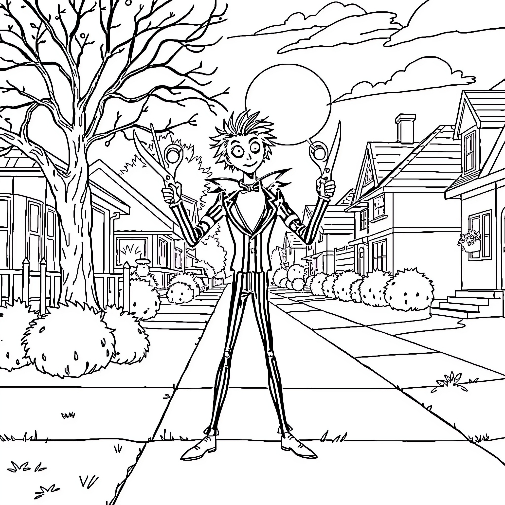 Edward's Spooky Adventure in the Haunted Town Coloring Page (free black-and-white line drawing printable PDF for all, from beginners to advanced learners, including children, teens, adults, and seniors)