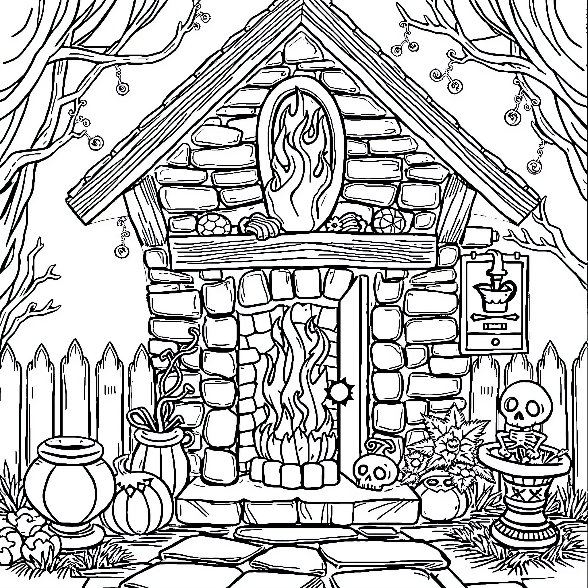 Casa of Cozy Comforts: A Whimsical Hearth Scene Coloring Page (free black-and-white line drawing printable PDF for all, from beginners to advanced learners, including children, teens, adults, and seniors)
