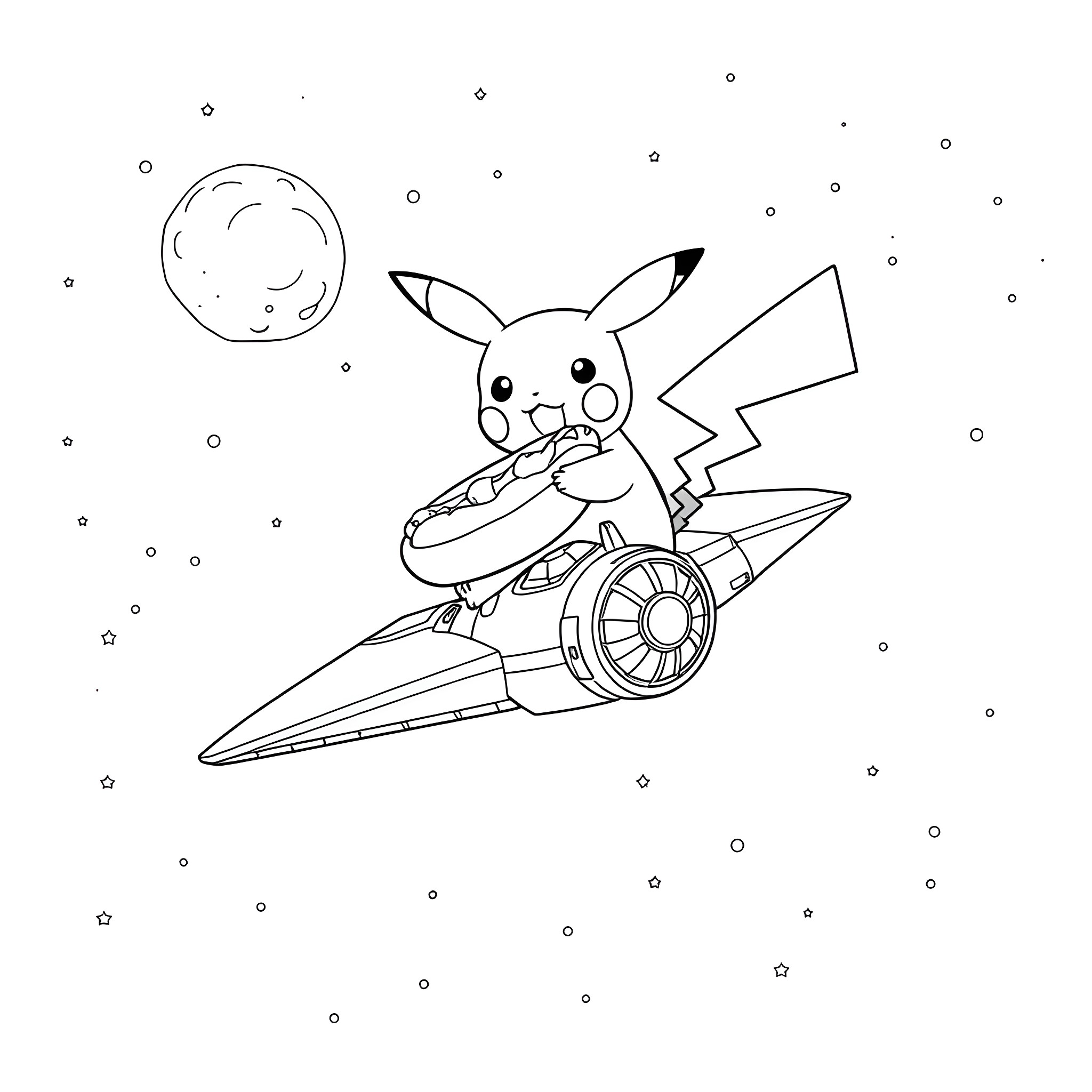 Pikachu riding a high-speed rocket through space Coloring Page (free black-and-white line drawing printable PDF for all, from beginners to advanced learners, including children, teens, adults, and seniors)