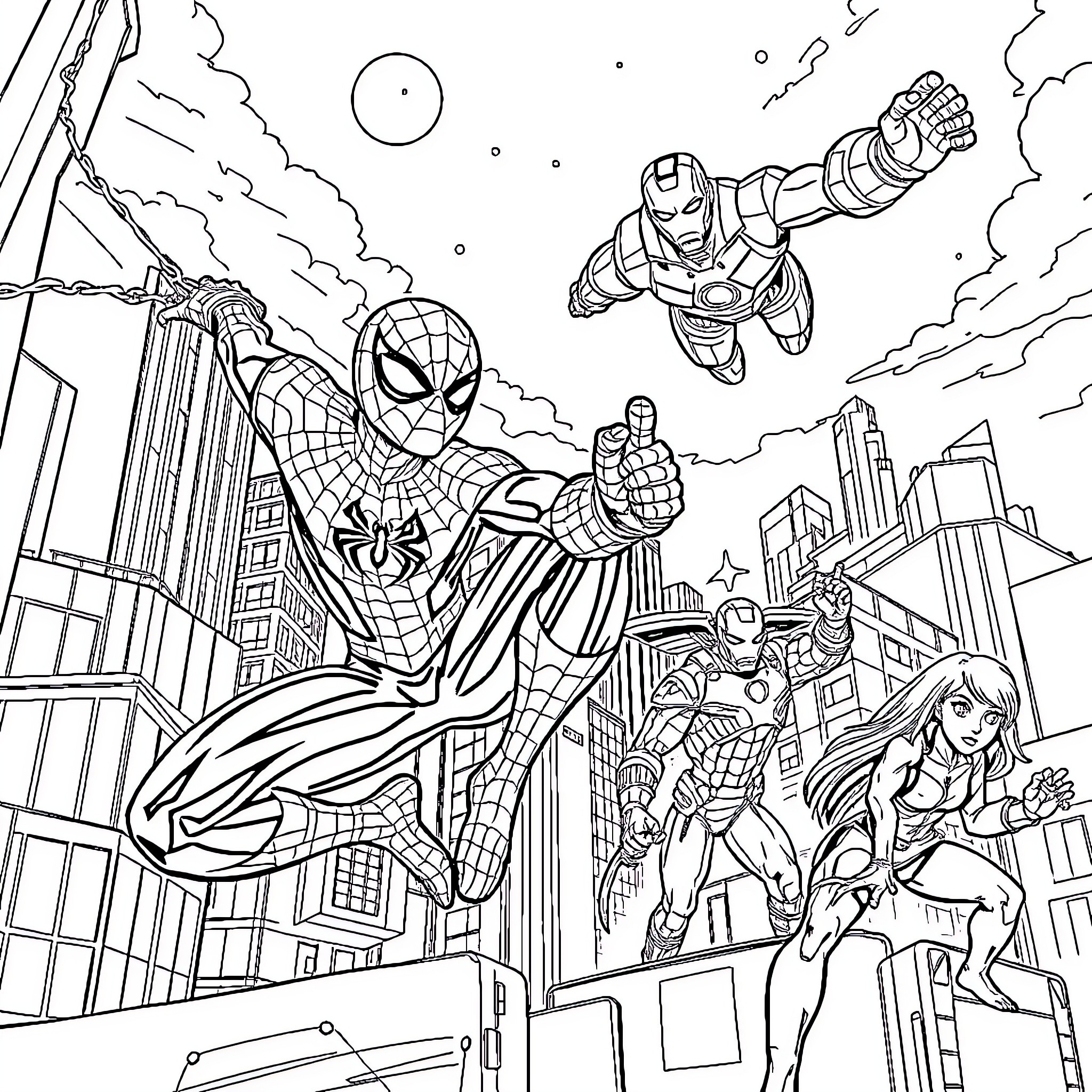 Marvel Character Superheroes in Action Pose Coloring Page (free black-and-white line drawing printable PDF for all, from beginners to advanced learners, including children, teens, adults, and seniors)