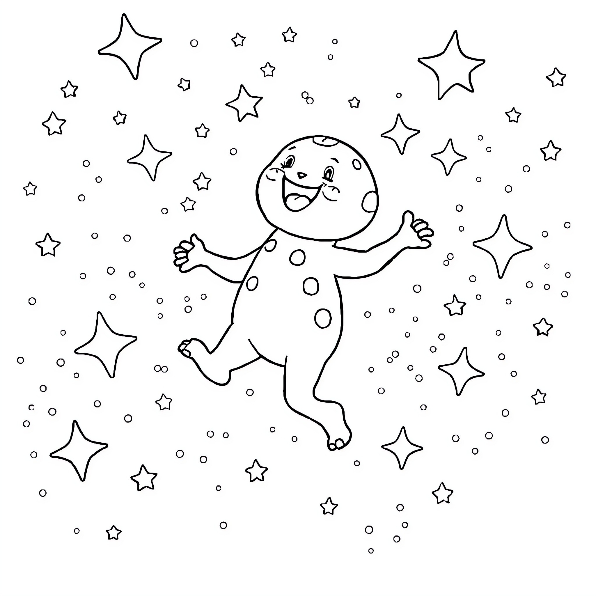 Labubu's Starry Dance Coloring Page (free black-and-white line drawing printable PDF for all, from beginners to advanced learners, including children, teens, adults, and seniors)