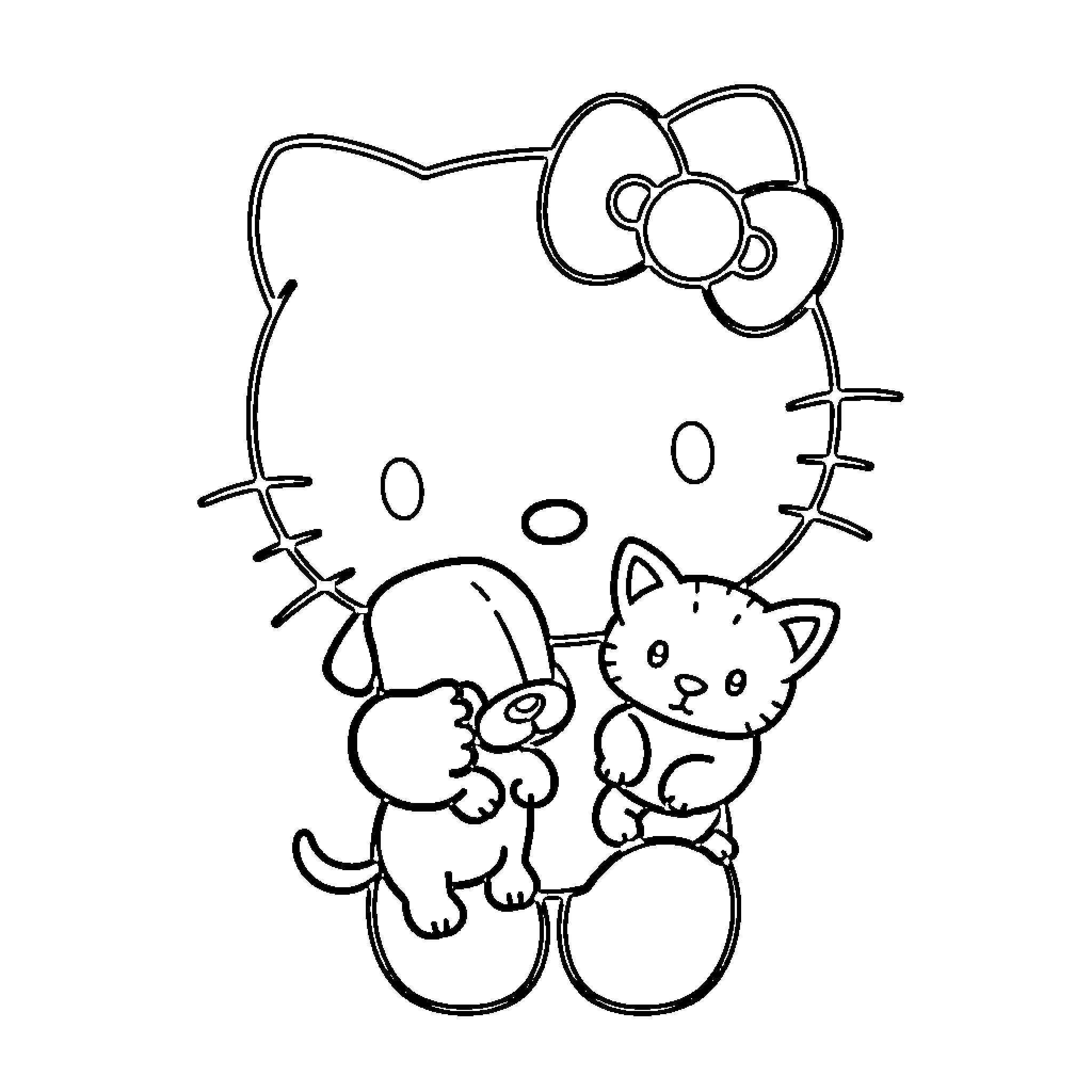 Hello Kitty with playful kittens Coloring Page (free black-and-white line drawing printable PDF for all, from beginners to advanced learners, including children, teens, adults, and seniors)