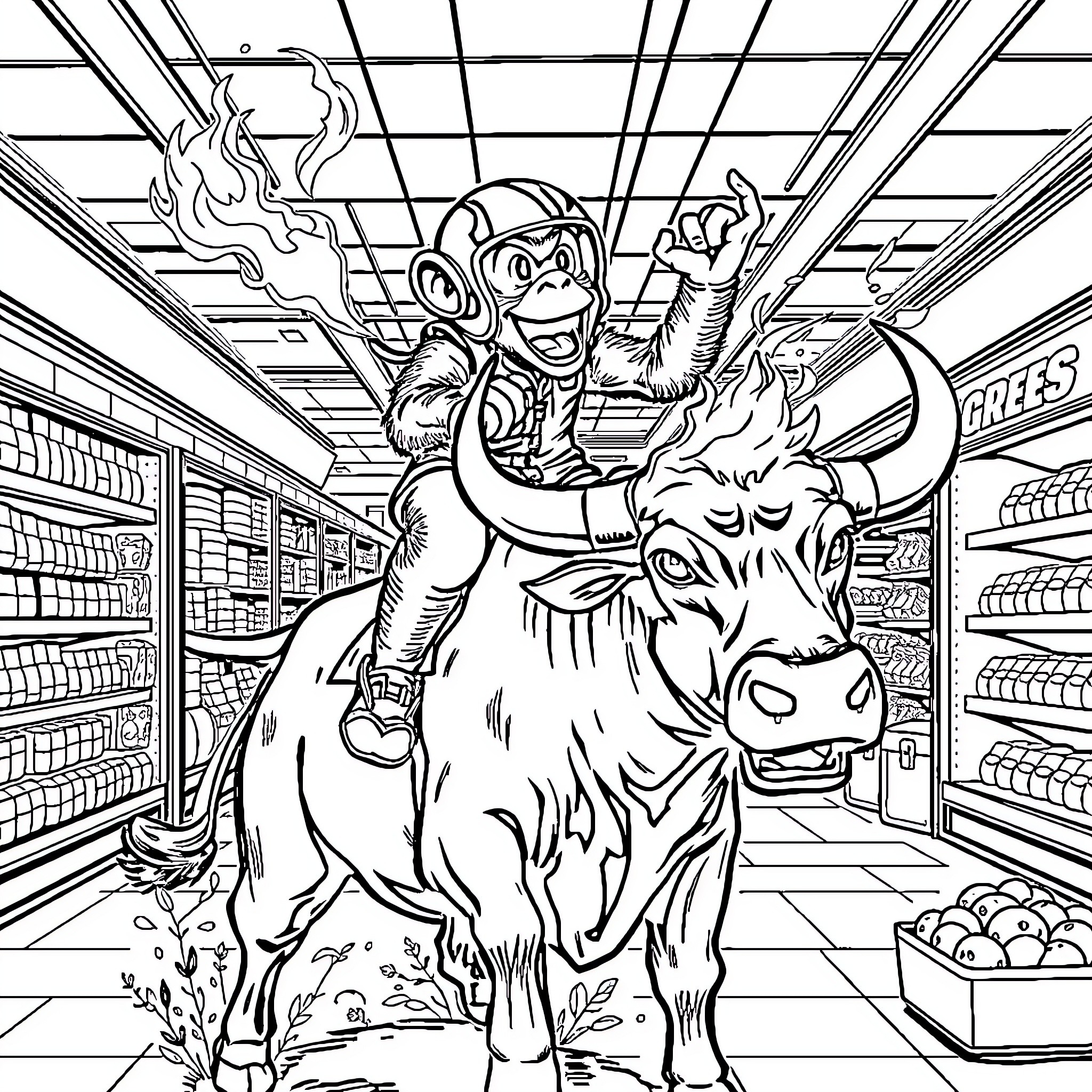 Monkey riding a bull in a grocery store Coloring Page (free black-and-white line drawing printable PDF for all, from beginners to advanced learners, including children, teens, adults, and seniors)