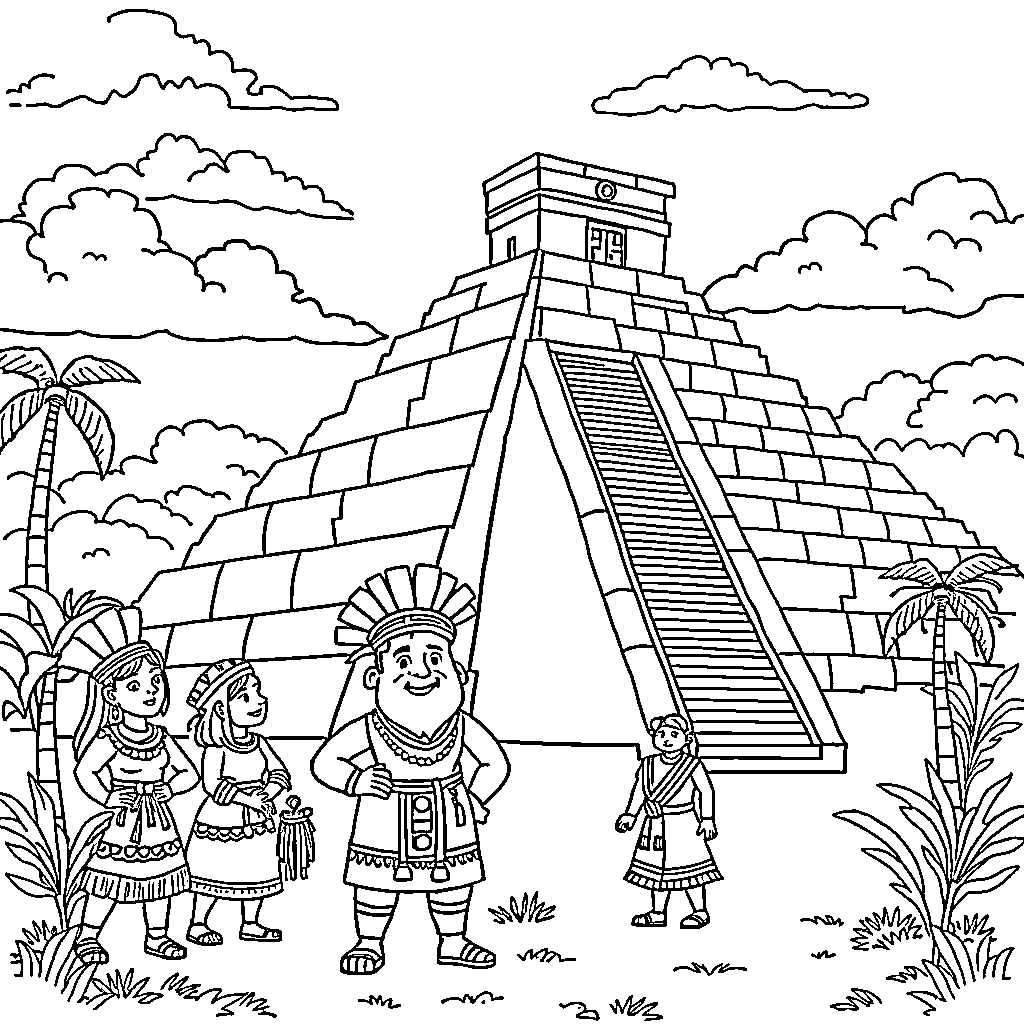 Aztec Figures Explore Ancient Pyramid Ruins Coloring Page (free black-and-white line drawing printable PDF for all, from beginners to advanced learners, including children, teens, adults, and seniors)