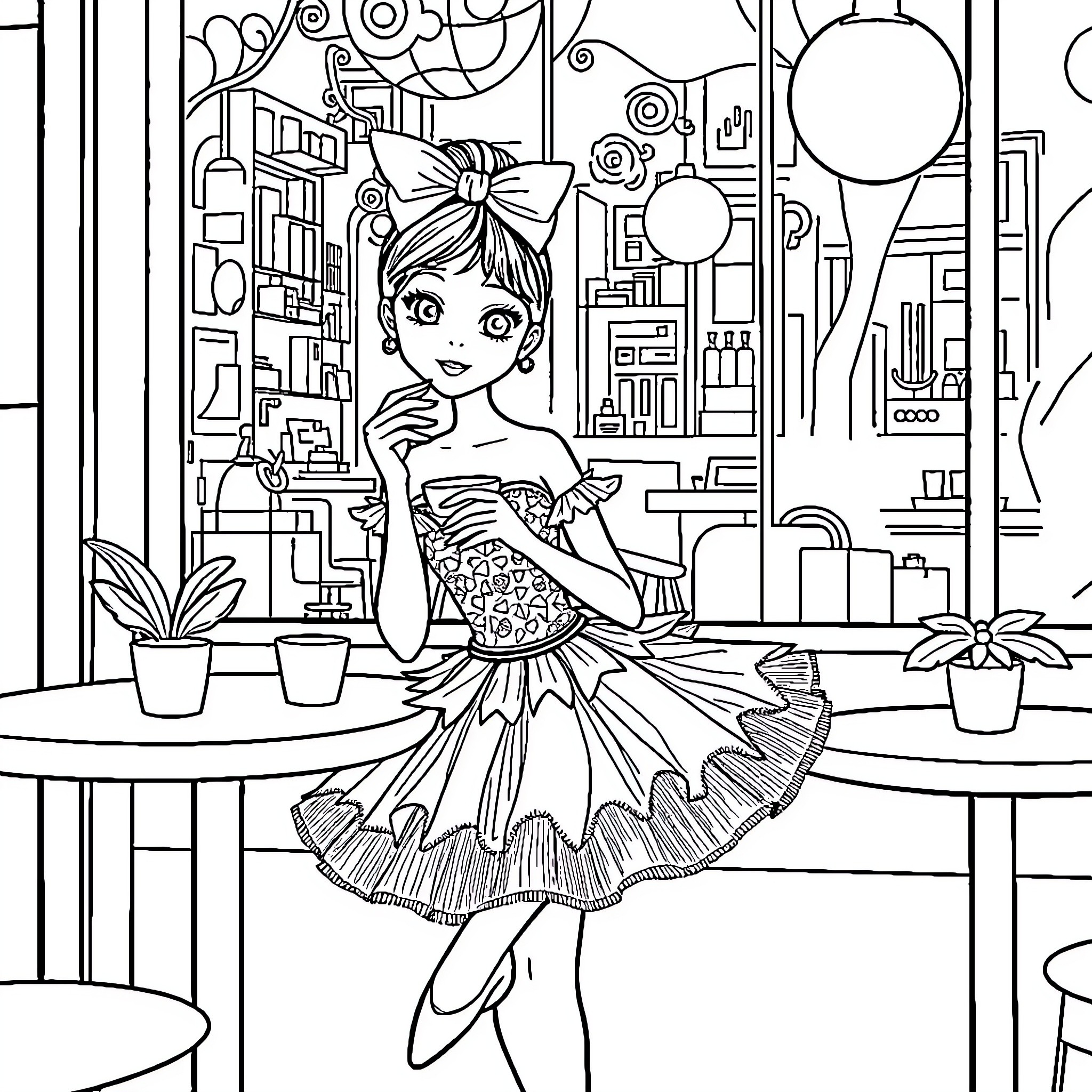 Ballerina in Ornate Ballet Studio Coloring Page (free black-and-white line drawing printable PDF for all, from beginners to advanced learners, including children, teens, adults, and seniors)