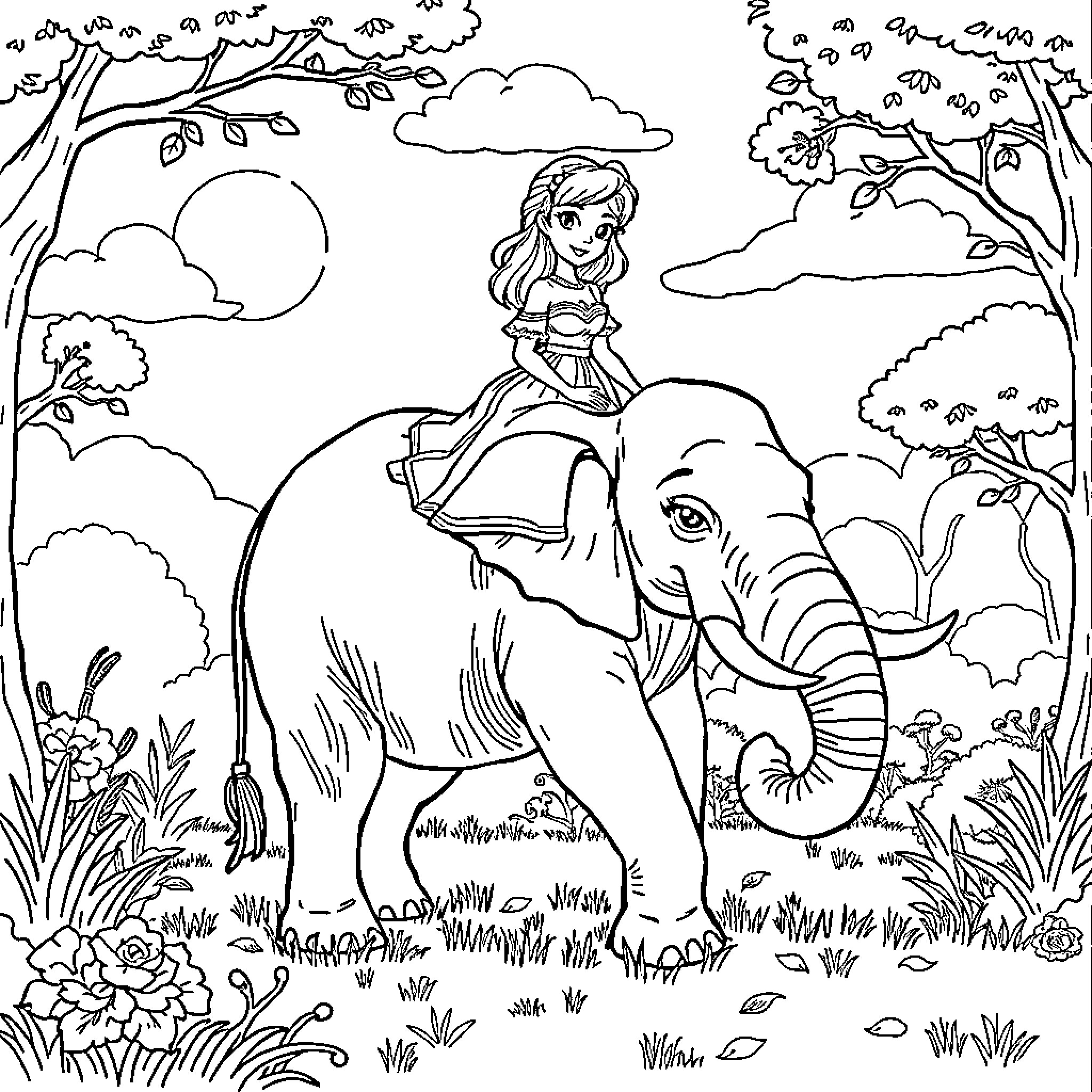 Snow White riding a majestic elephant through the enchanted forest Coloring Page (free black-and-white line drawing printable PDF for all, from beginners to advanced learners, including children, teens, adults, and seniors)