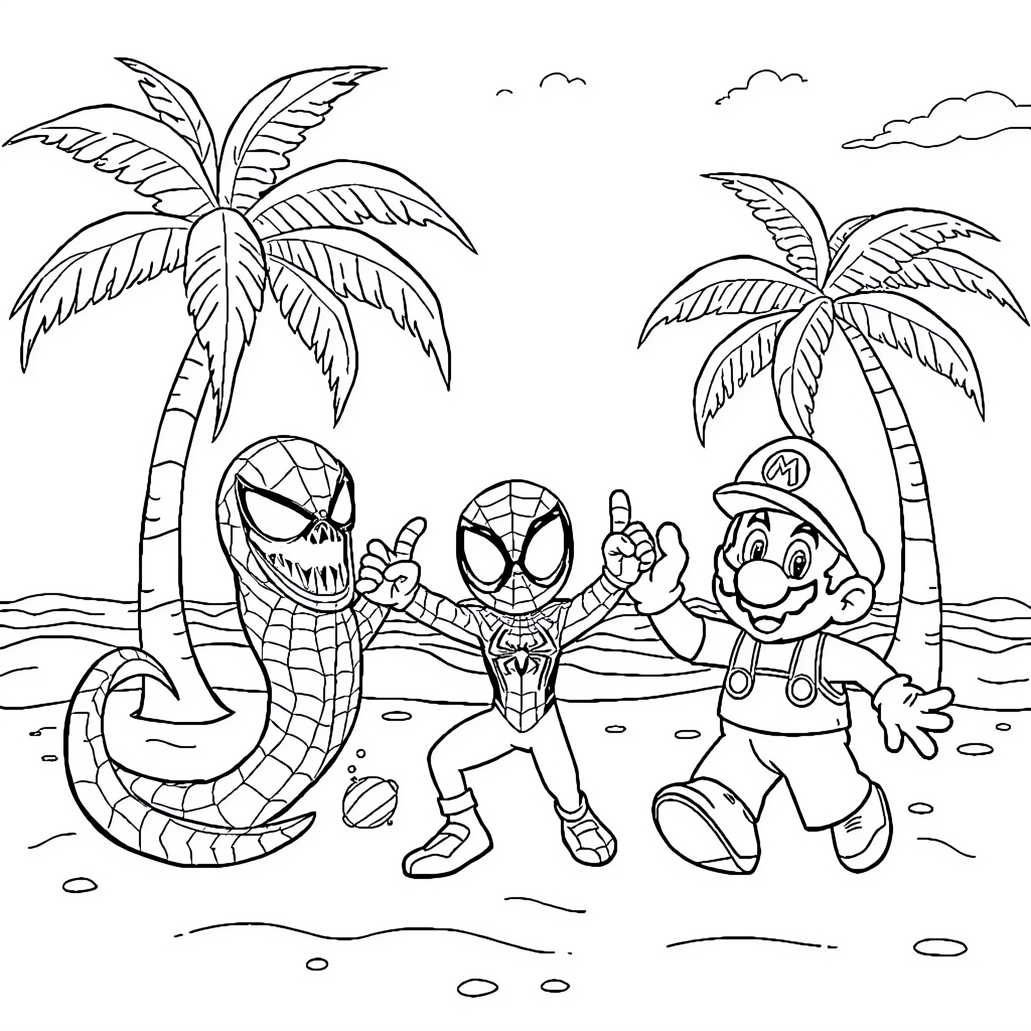 Kraken comic characters on tropical beach Coloring Page (free black-and-white line drawing printable PDF for all, from beginners to advanced learners, including children, teens, adults, and seniors)