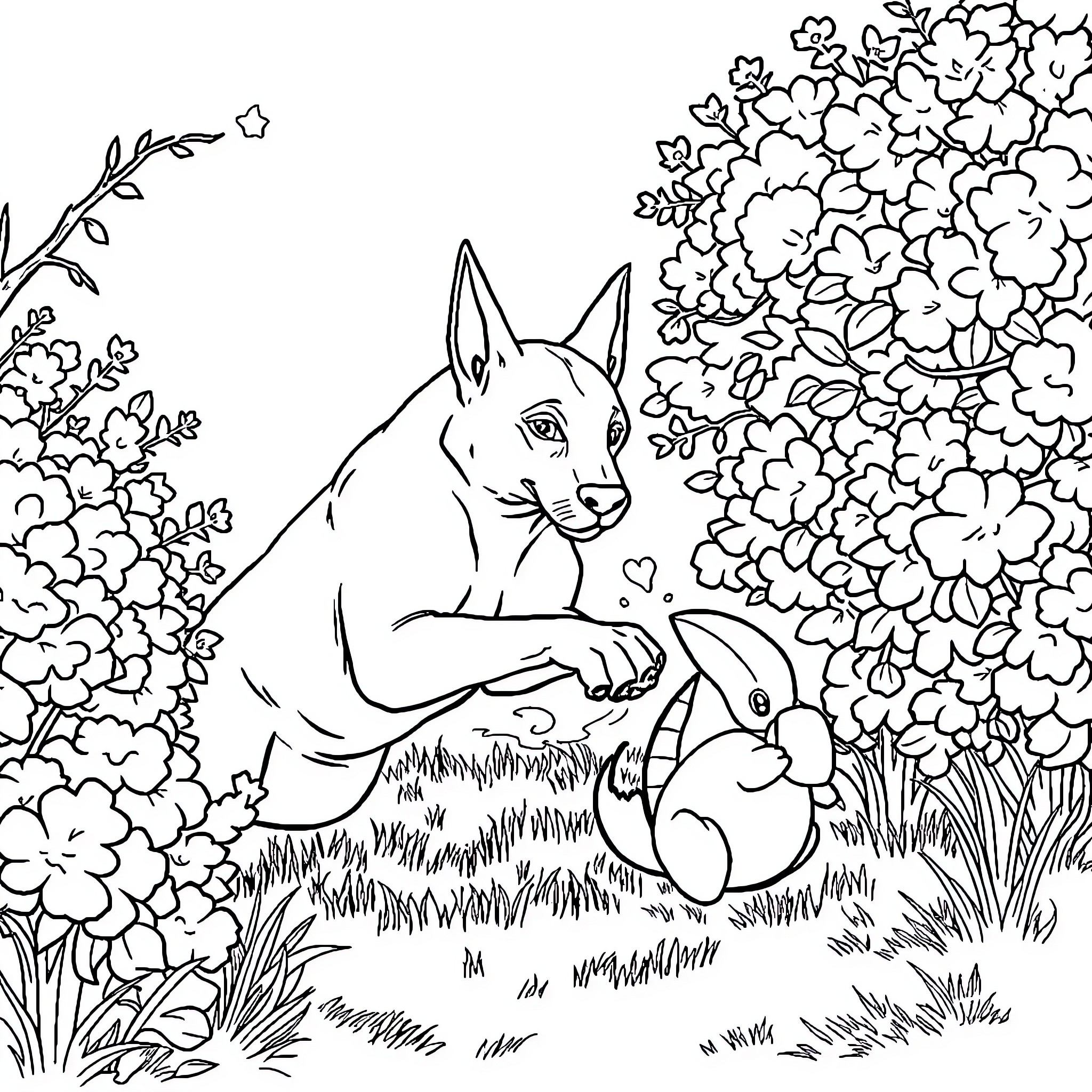 Dog resting peacefully in a floral garden Coloring Page (free black-and-white line drawing printable PDF for all, from beginners to advanced learners, including children, teens, adults, and seniors)