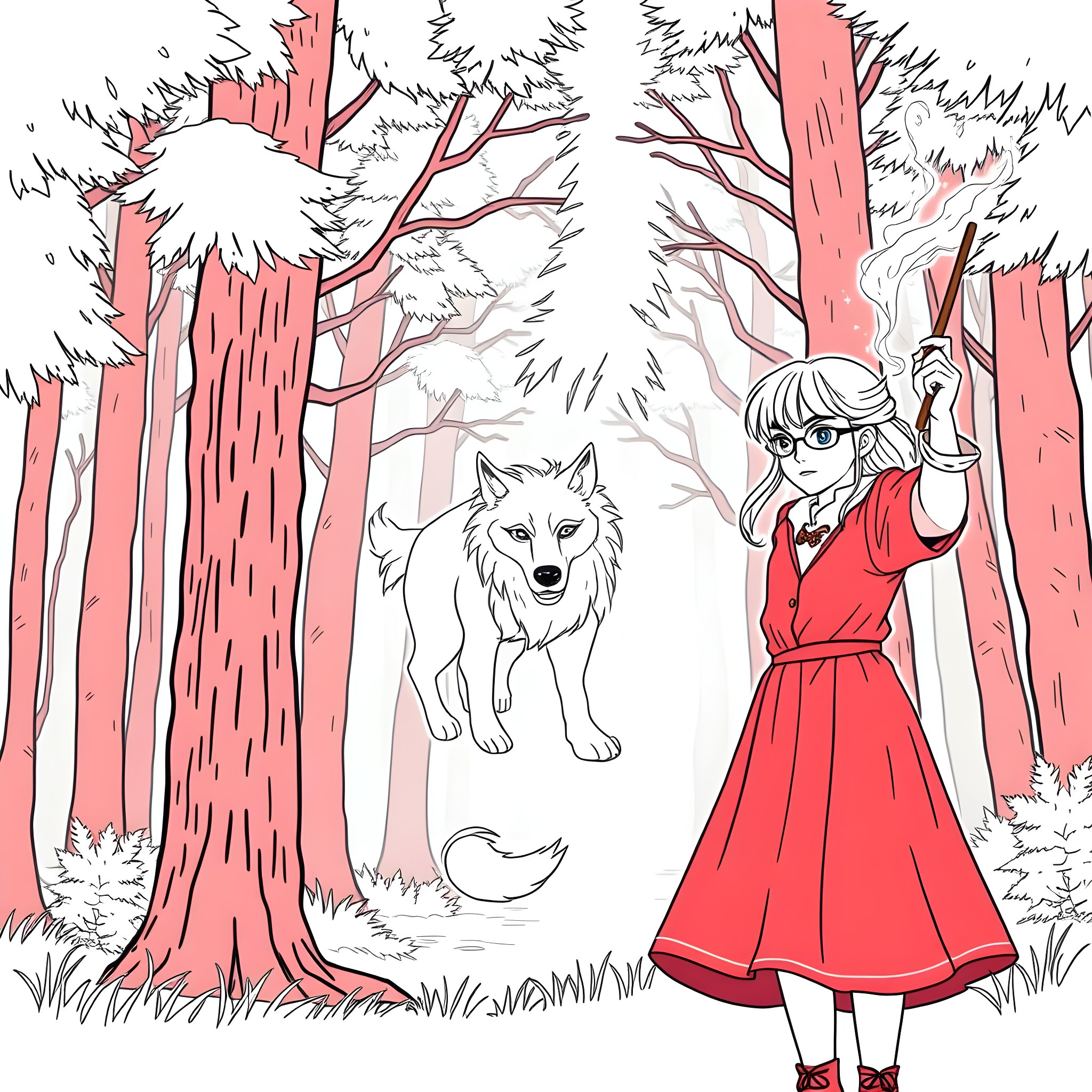 Teen Girl Exploring Enchanted Forest with Wolf Coloring Page (free black-and-white line drawing printable PDF for all, from beginners to advanced learners, including children, teens, adults, and seniors)