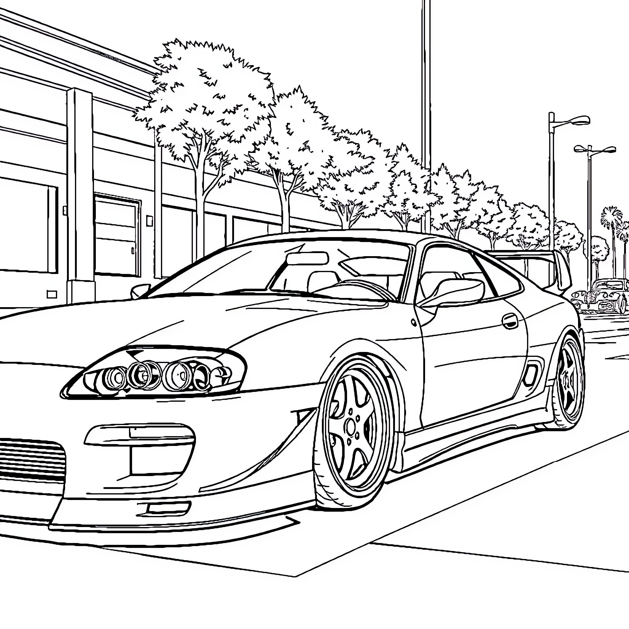 Car racing along city street Coloring Page (free black-and-white line drawing printable PDF for all, from beginners to advanced learners, including children, teens, adults, and seniors)
