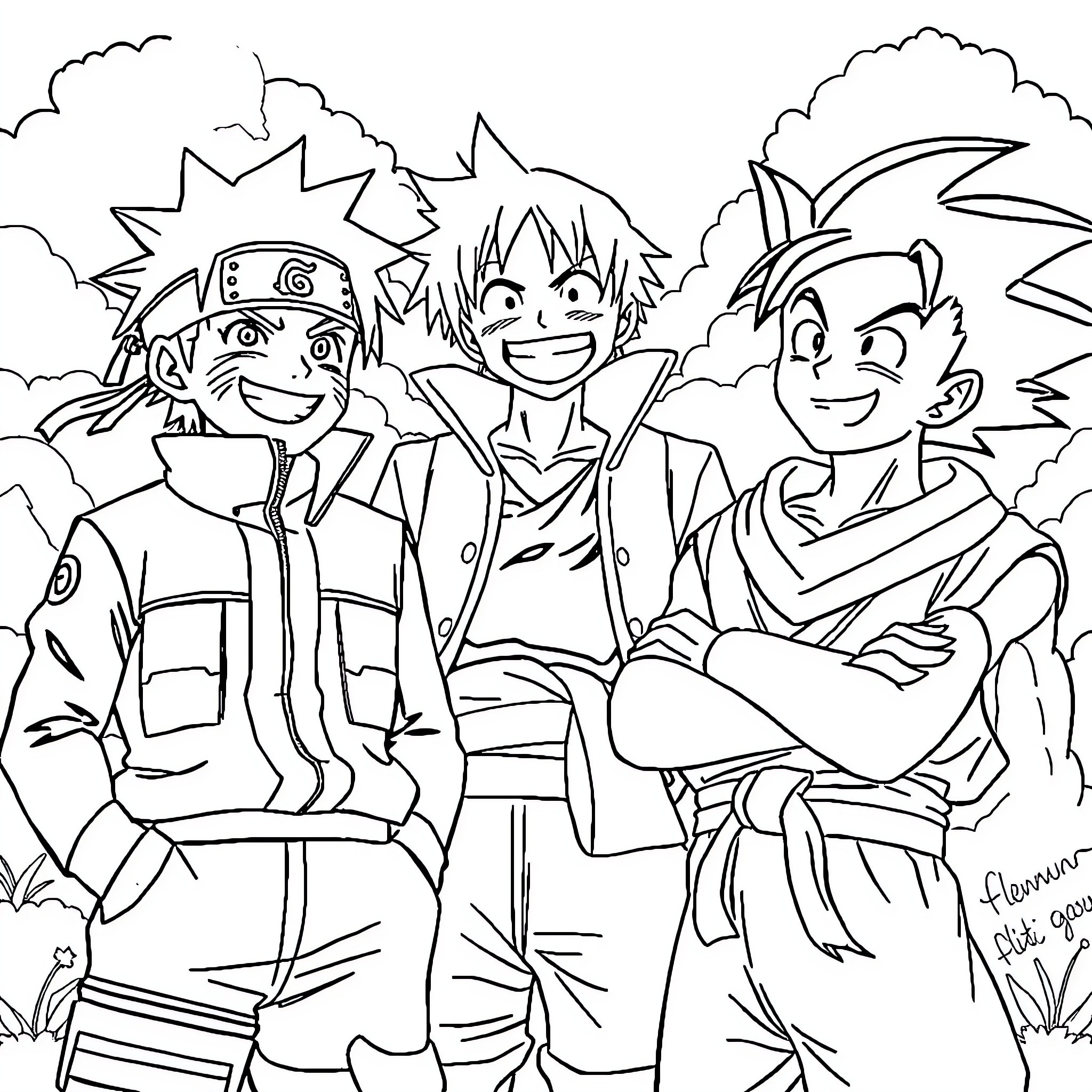Naruto and friends enjoying the outdoors Coloring Page (free black-and-white line drawing printable PDF for all, from beginners to advanced learners, including children, teens, adults, and seniors)
