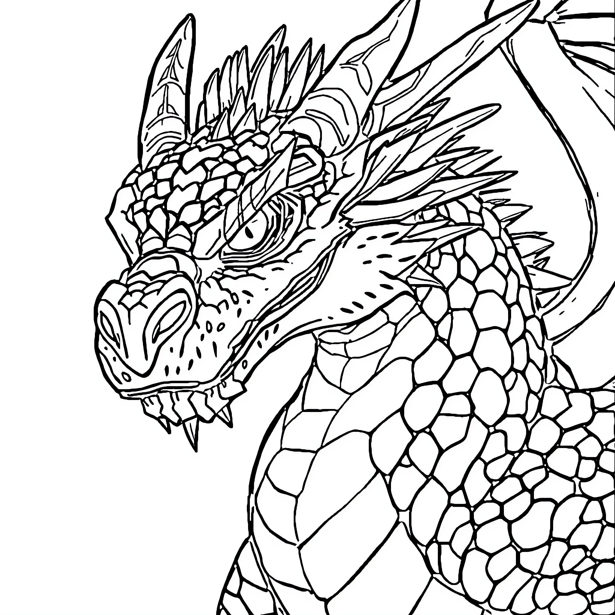 Dragon with Intricate Scales and Fierce Expression Coloring Page (free black-and-white line drawing printable PDF for all, from beginners to advanced learners, including children, teens, adults, and seniors)
