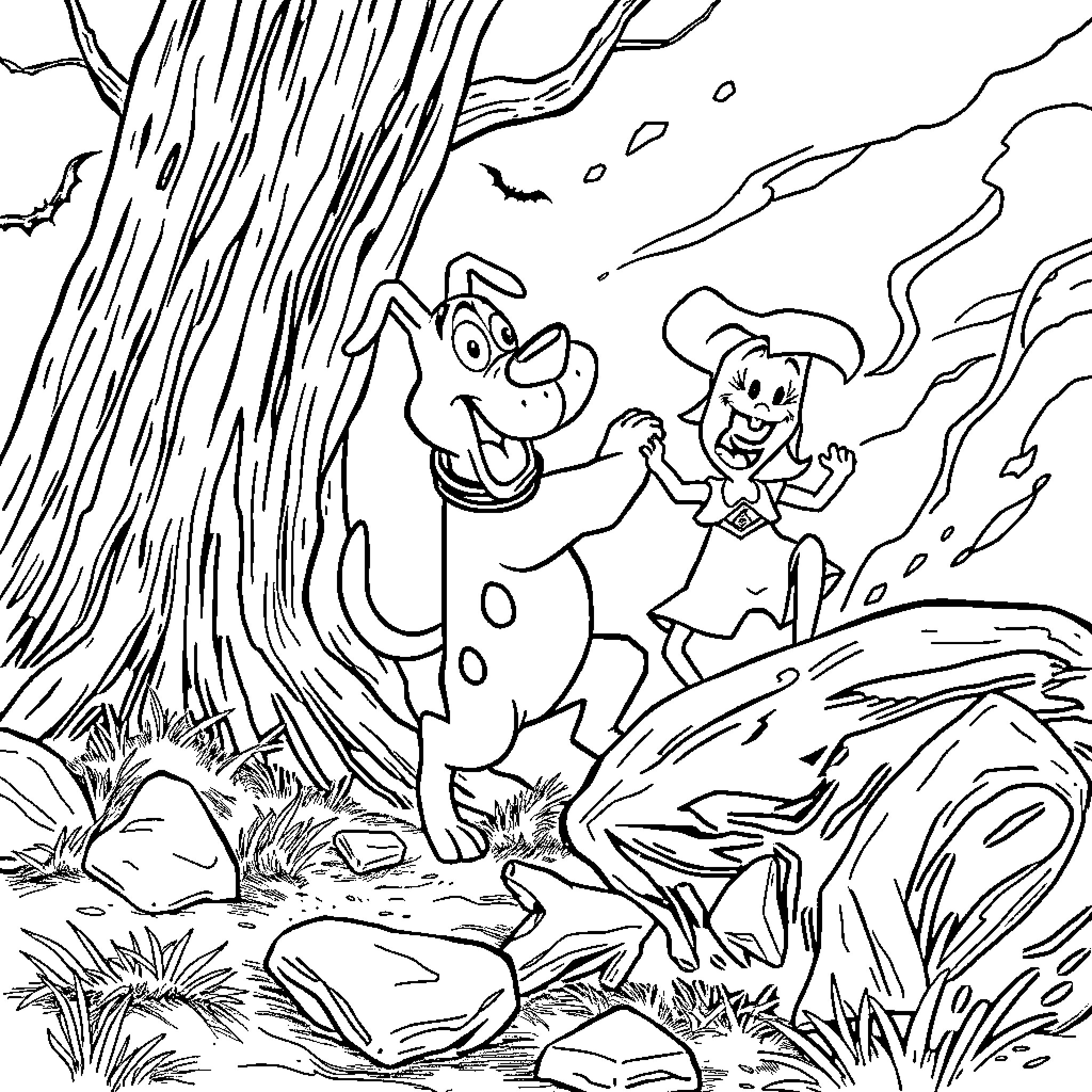 Courage in the Spooky Forest Coloring Page (free black-and-white line drawing printable PDF for all, from beginners to advanced learners, including children, teens, adults, and seniors)
