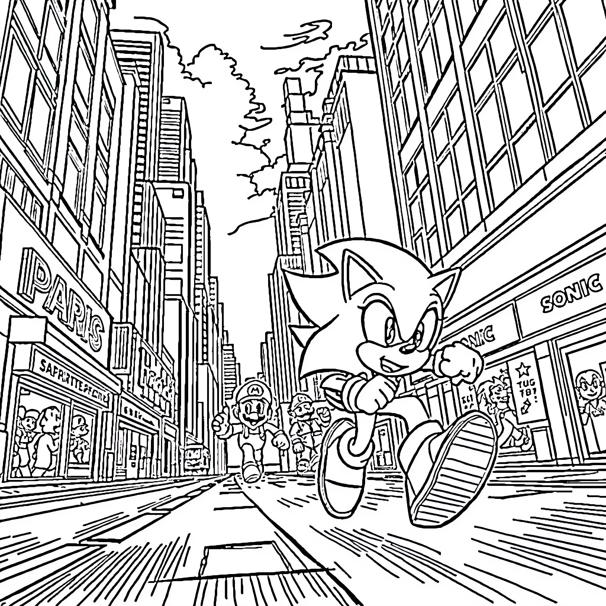 Sonic racing through the bustling city streets Coloring Page (free black-and-white line drawing printable PDF for all, from beginners to advanced learners, including children, teens, adults, and seniors)
