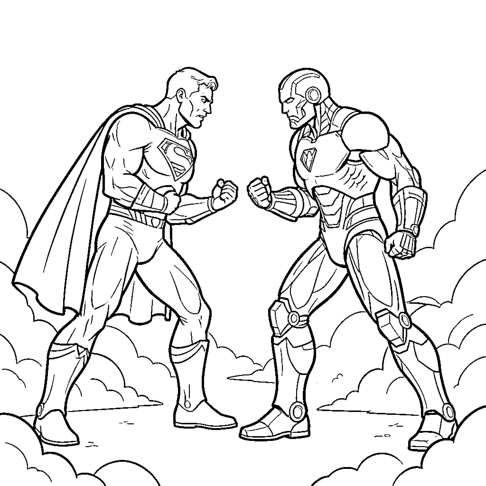 Superman heroically confronts a mechanical adversary Coloring Page (free black-and-white line drawing printable PDF for all, from beginners to advanced learners, including children, teens, adults, and seniors)